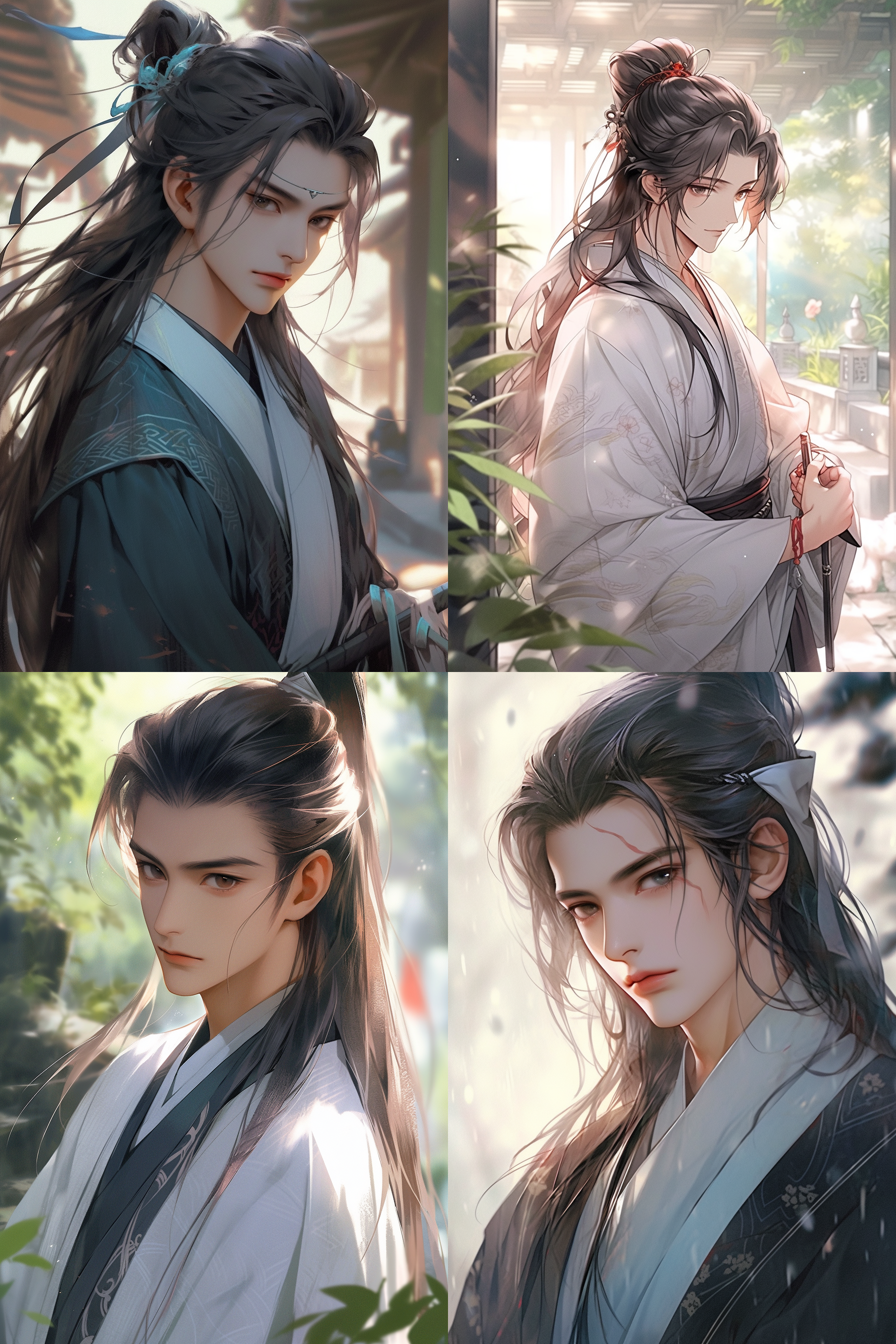 古风小说帅哥，眉眼修长疏朗，高鼻薄唇，桃花眼含光，蓝色劲装，高马尾，两鬓须，庭院中，侧光，柔光，长焦镜头，静态，深邃，柔和坚韧，古风色调。