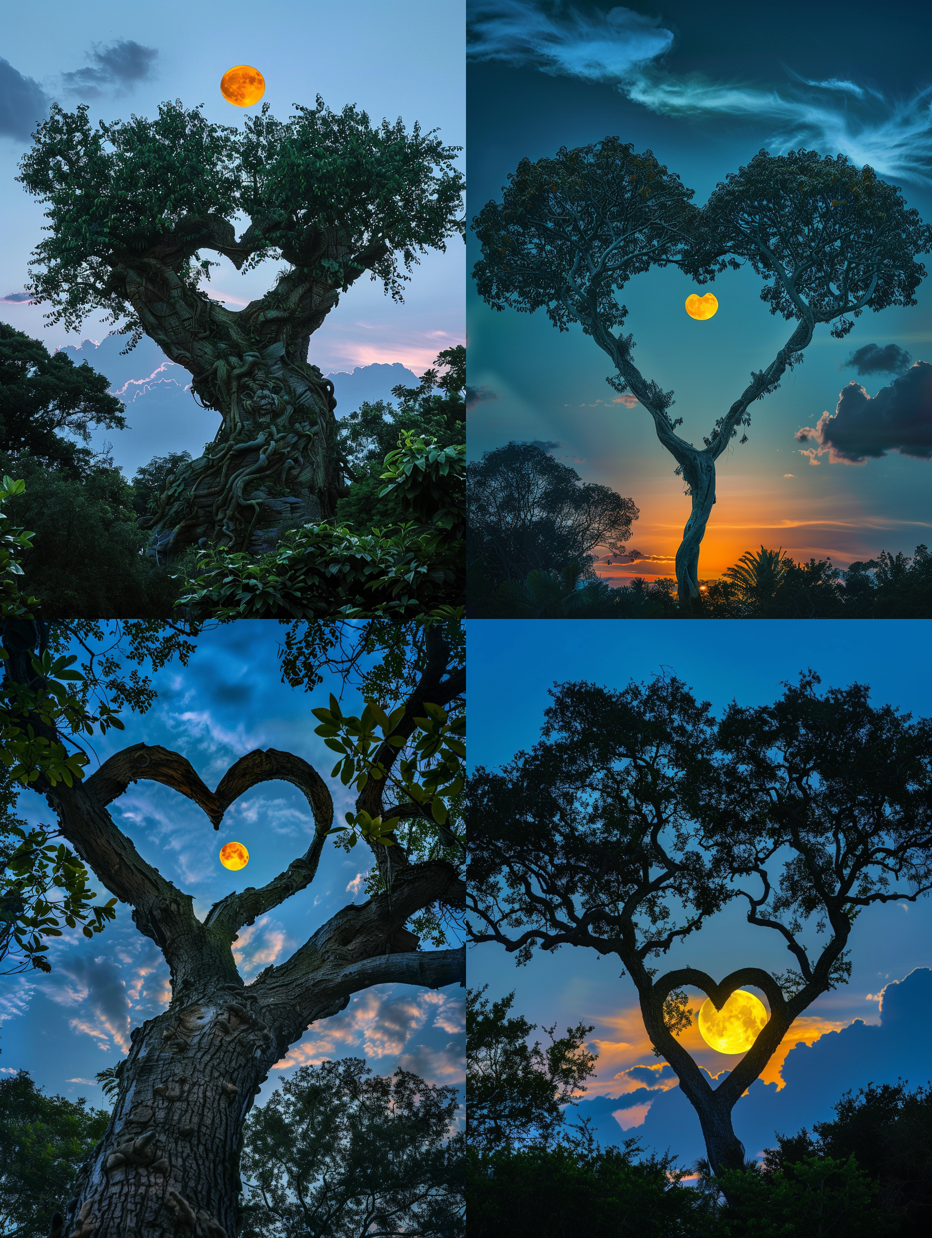 the tree in the shape of mickey's head has a full moon and sky blue background in the photography style of real shooting. the tree has two leaves on its branches forming an open heart-shaped pattern. in front of it stands another tall green leafy tree with high contrast between them. above their heads hangs clouds like shadows. at night, there was only one bright orange sun shining through thin clouds, illuminating the trees. high definition photography with a wide-angle lens shows clear details in natural light