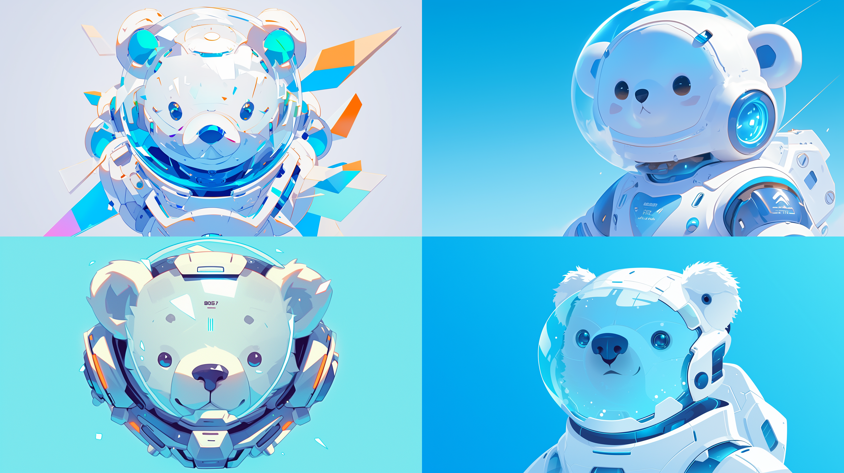 白色机器小熊卡通ip，半身贴纸，戴着科技感十足的白色宇航员玻璃帽子，白底背景，矢量图风格，展现12种情绪，8k画质，色彩生动，充满活力，明暗对比强烈，扁平化设计，表情丰富，背景干净，超高清8k，16:9纵横比。