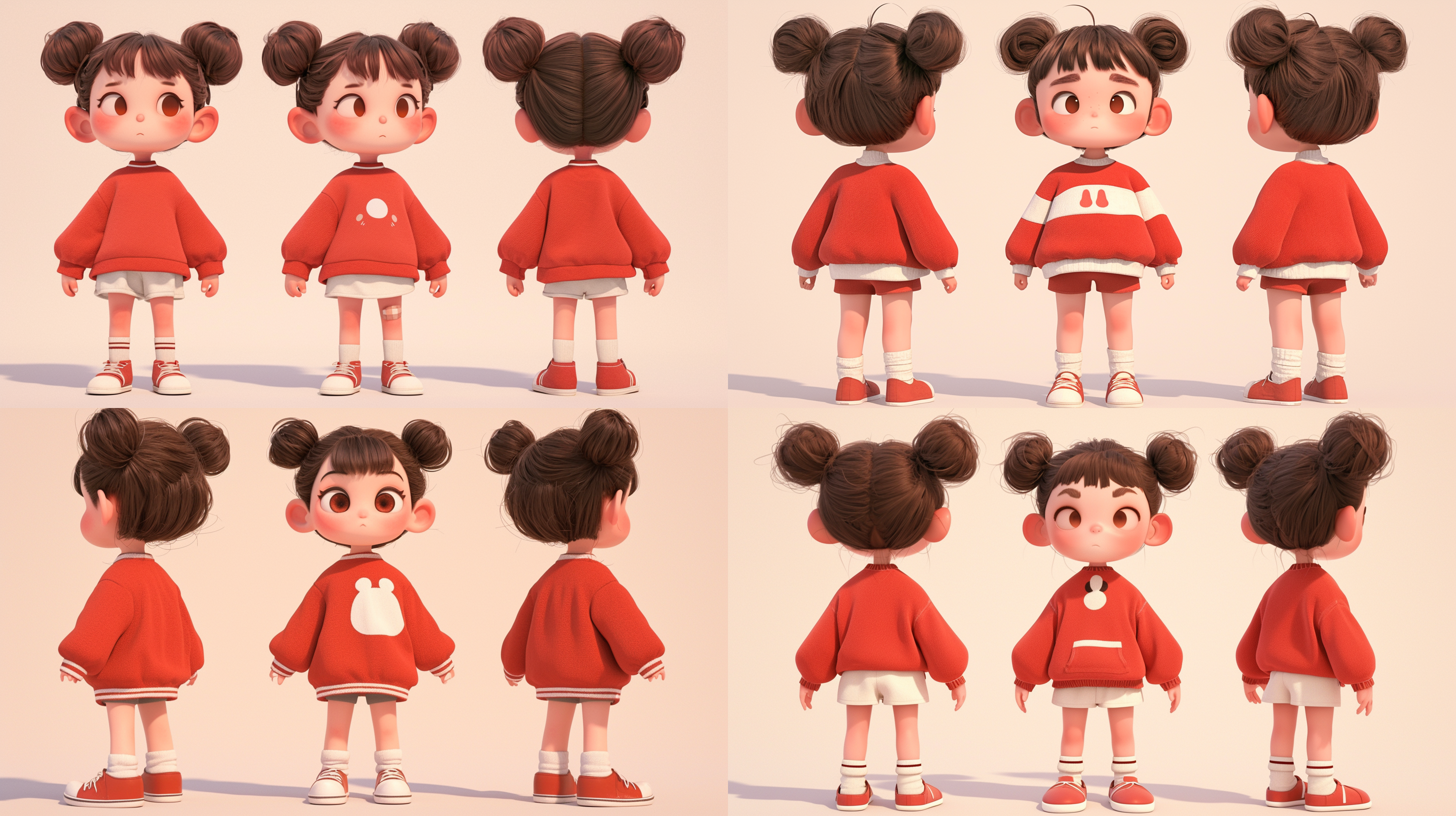 三视图，全身，正面，侧面，背面，卡通ip，白色小孩，中国娃娃，科技感，萌萌哒，蹲下，干净背景，pop mart，pixar，ip盲盒，粘土材料，柔和颜色，工作室灯光，octane render，3d，c4d，超高清8k，16:9纵横比。