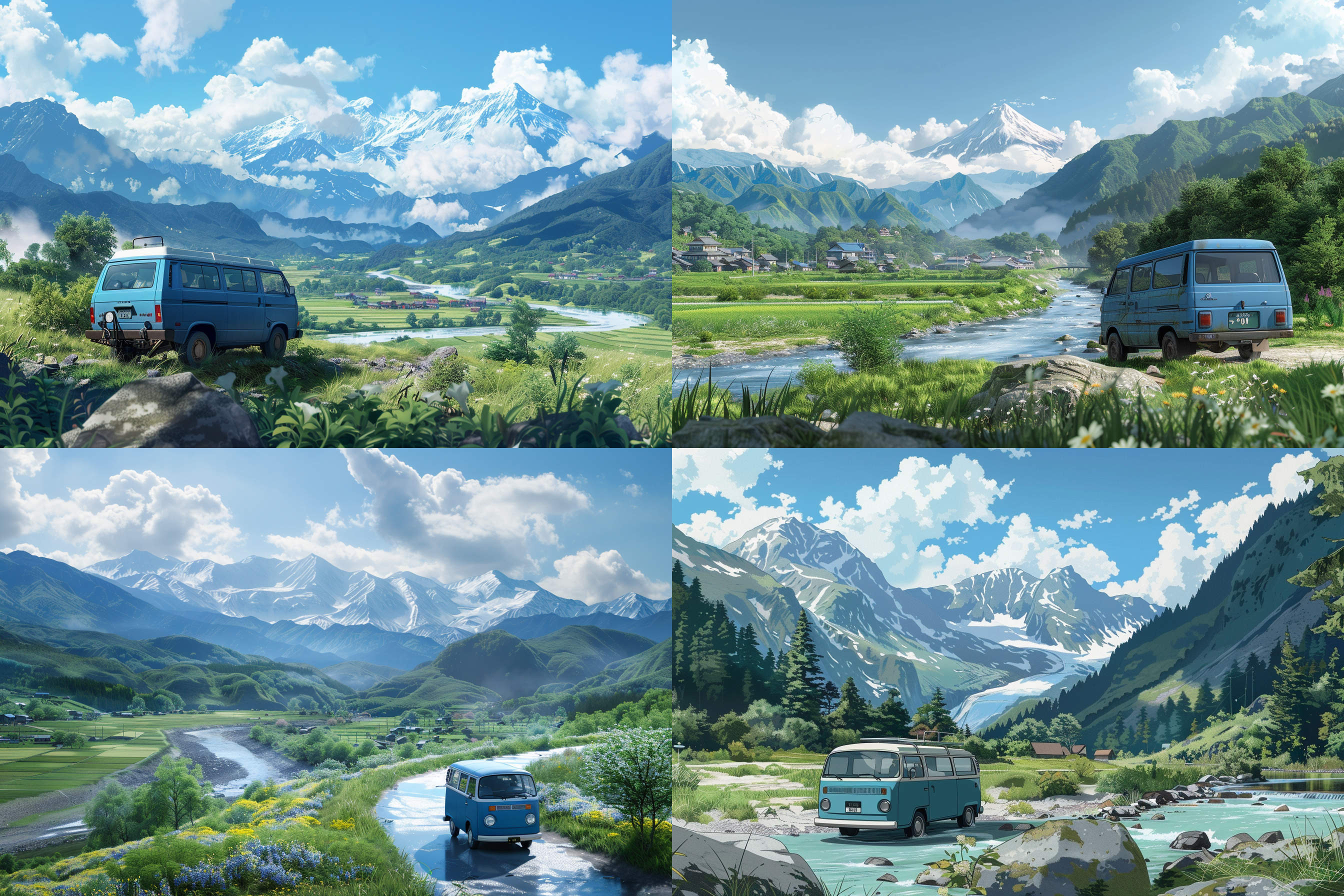 一辆蓝色的面包车，在户外行驶，画面中有山脉，河流，草地，村落，注重细节，十二等分构图，吉卜力动画风格，32k画质。