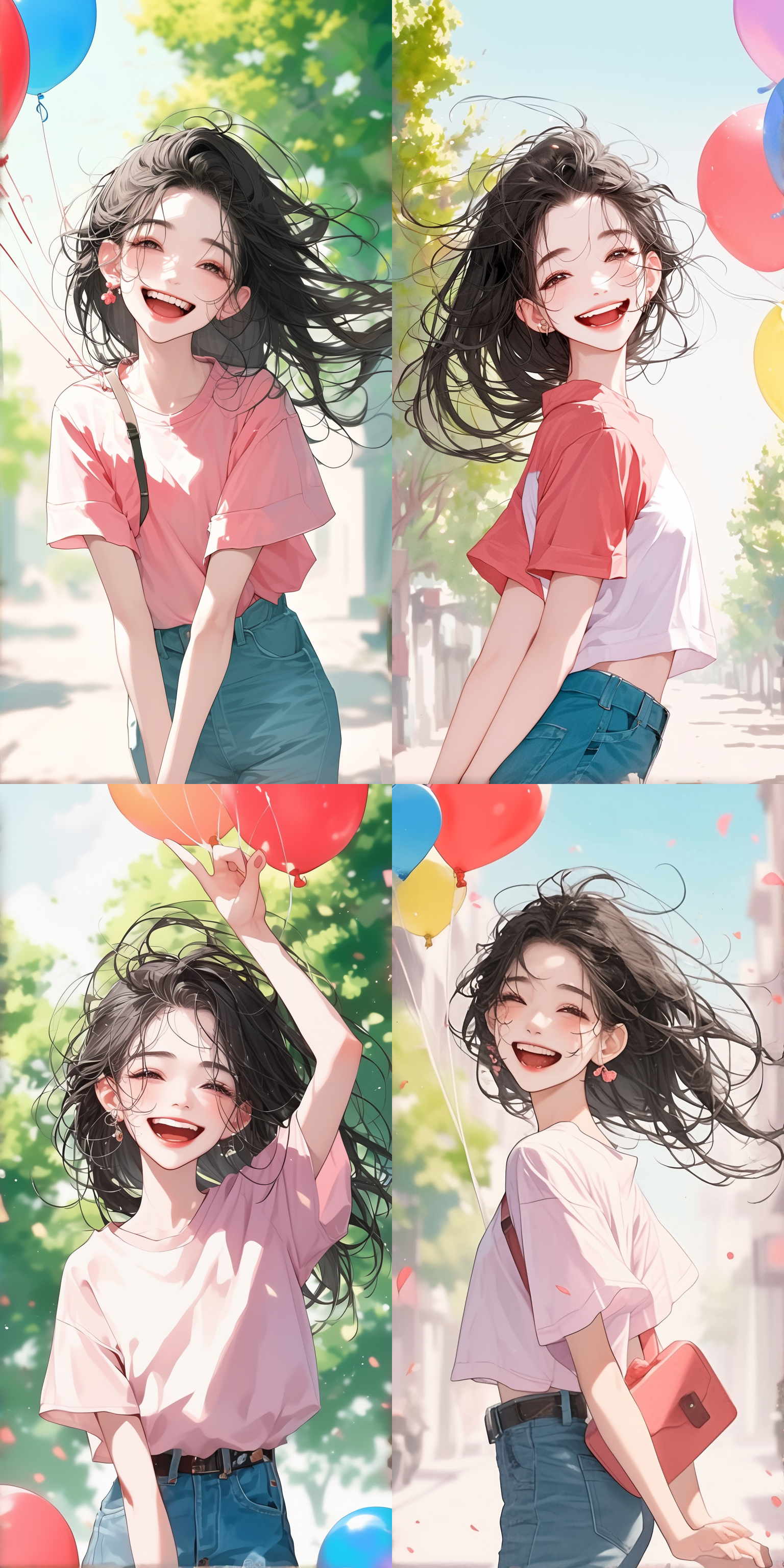 女孩搞怪表情，短袖牛仔裤，手拿气球，街头背景，明亮色彩，自然光，中景，微笑，俏皮，动感。