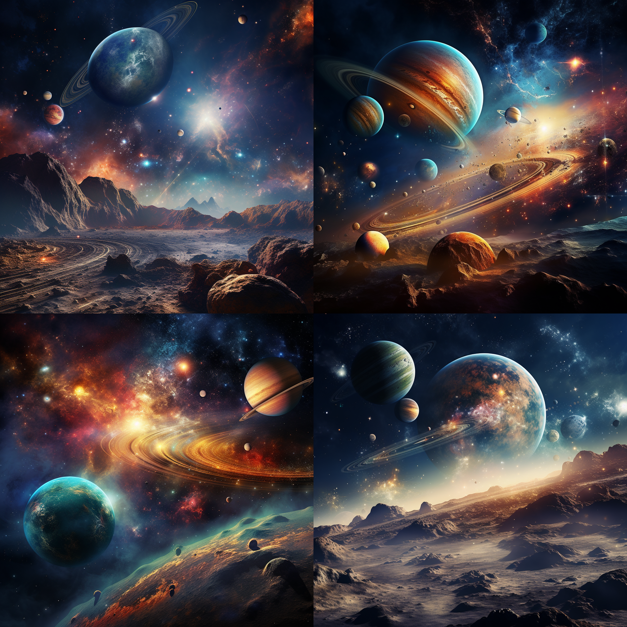 太阳系全景，细节丰富，8k分辨率，色彩分明，科技感十足，星际穿越风格，广角镜头，深空背景，高光细节，冷暖色调对比，星云环绕，行星清晰，光晕效果，宇宙神秘。