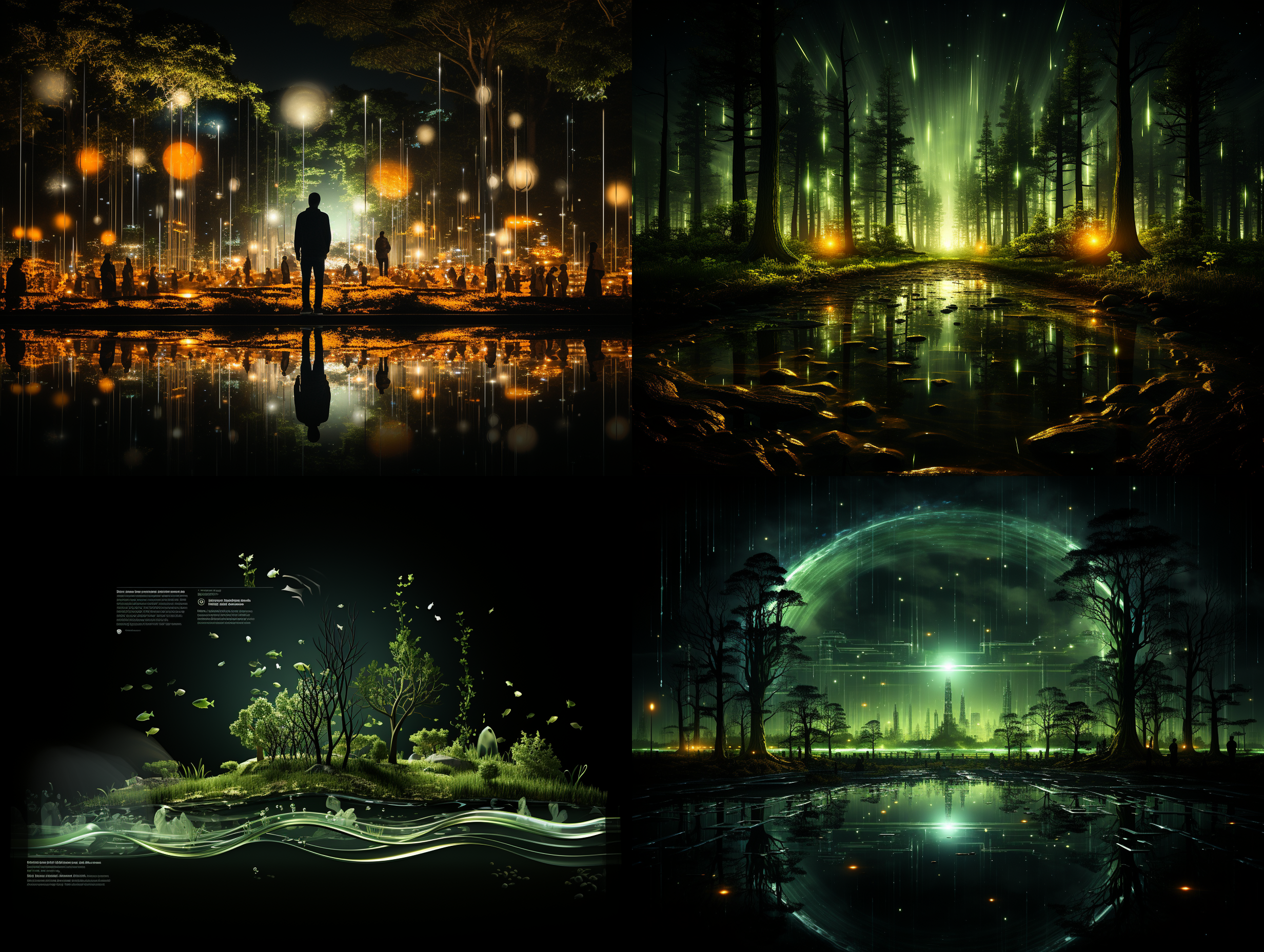 商业街森林主题，流水环绕，全息投影，科技风格，动态光影，绿色调，模糊效果，起伏不平的地形，互动展示，未来感，神秘氛围，广角镜头，低角度拍摄，自然光，快速移动，科技感，神秘感。