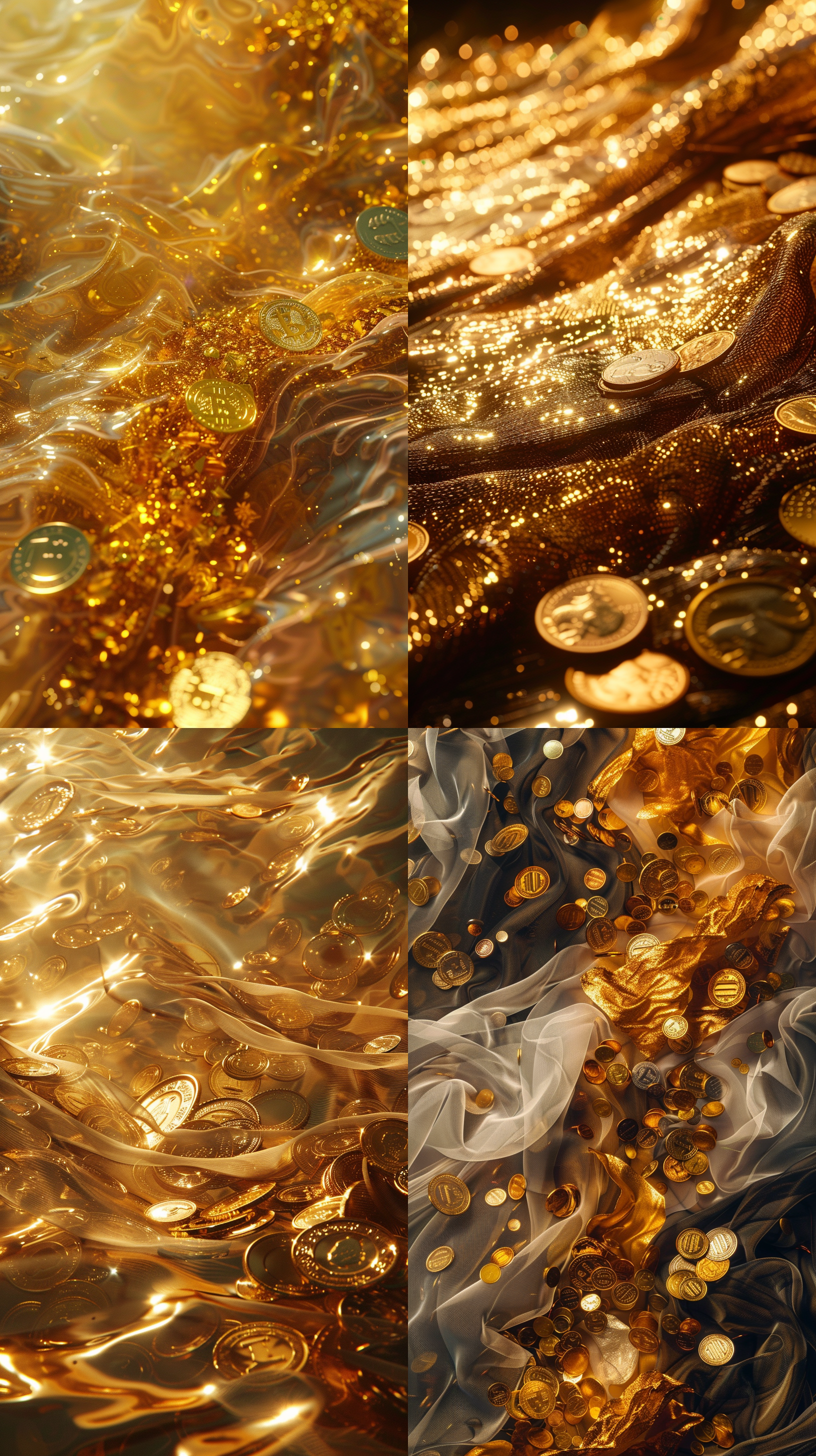 金色海洋中金币与金箔交织，波光粼粼，镜面反光强烈，超现实主义风格，流动织物如梦幻意向，8k分辨率，高质量壁纸，细节丰富，色彩饱和，光影效果逼真，氛围神秘。
