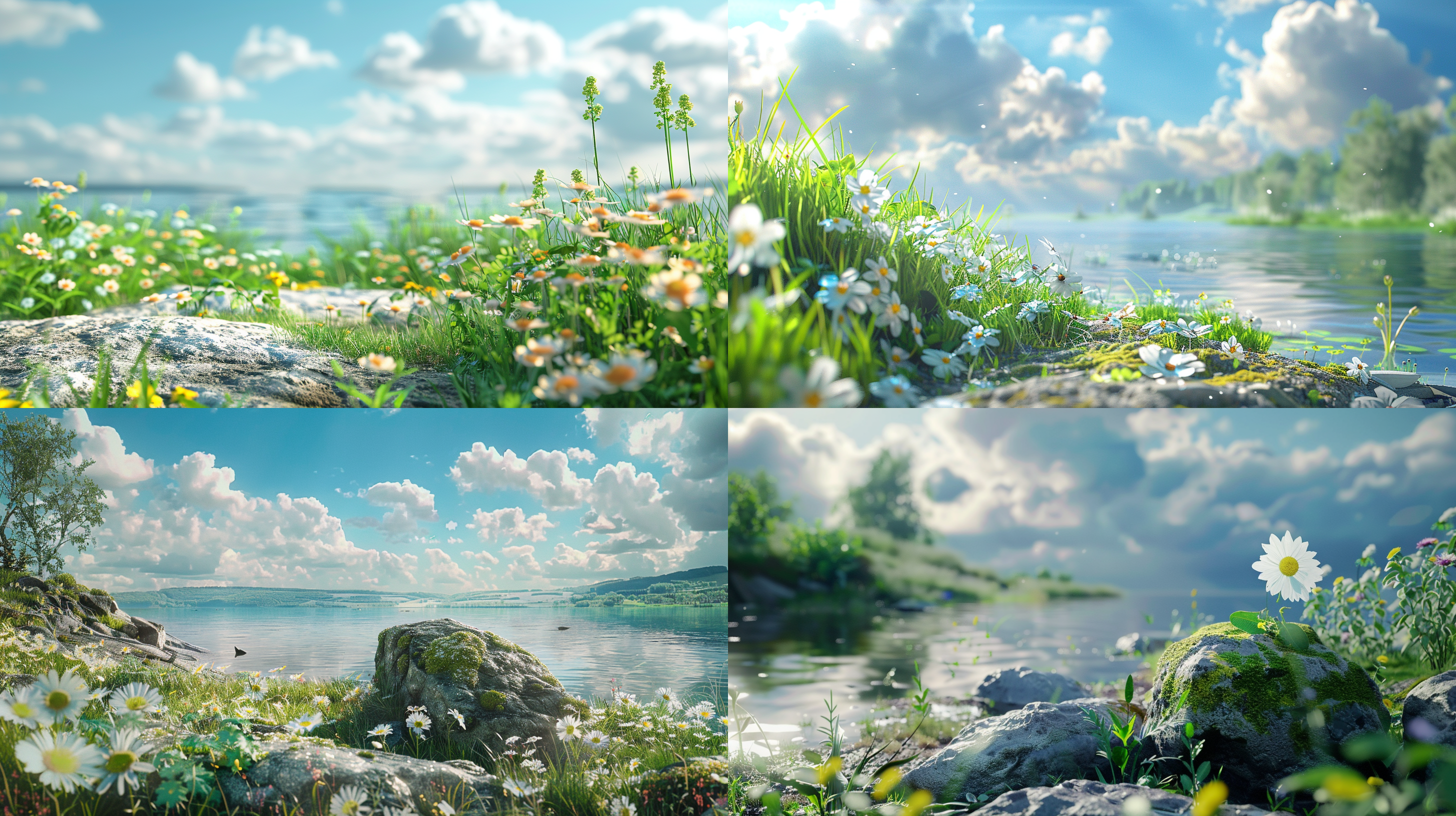 materpiece,best quality,grass,(covered by grass and flowers:1.2),flower,lake water,the foreground is plants,naturalism,blue sky,white clouds,depth of field,stone,studio lighting,realistic rendering details,c4d,blender,octane render,8k,on the ground,