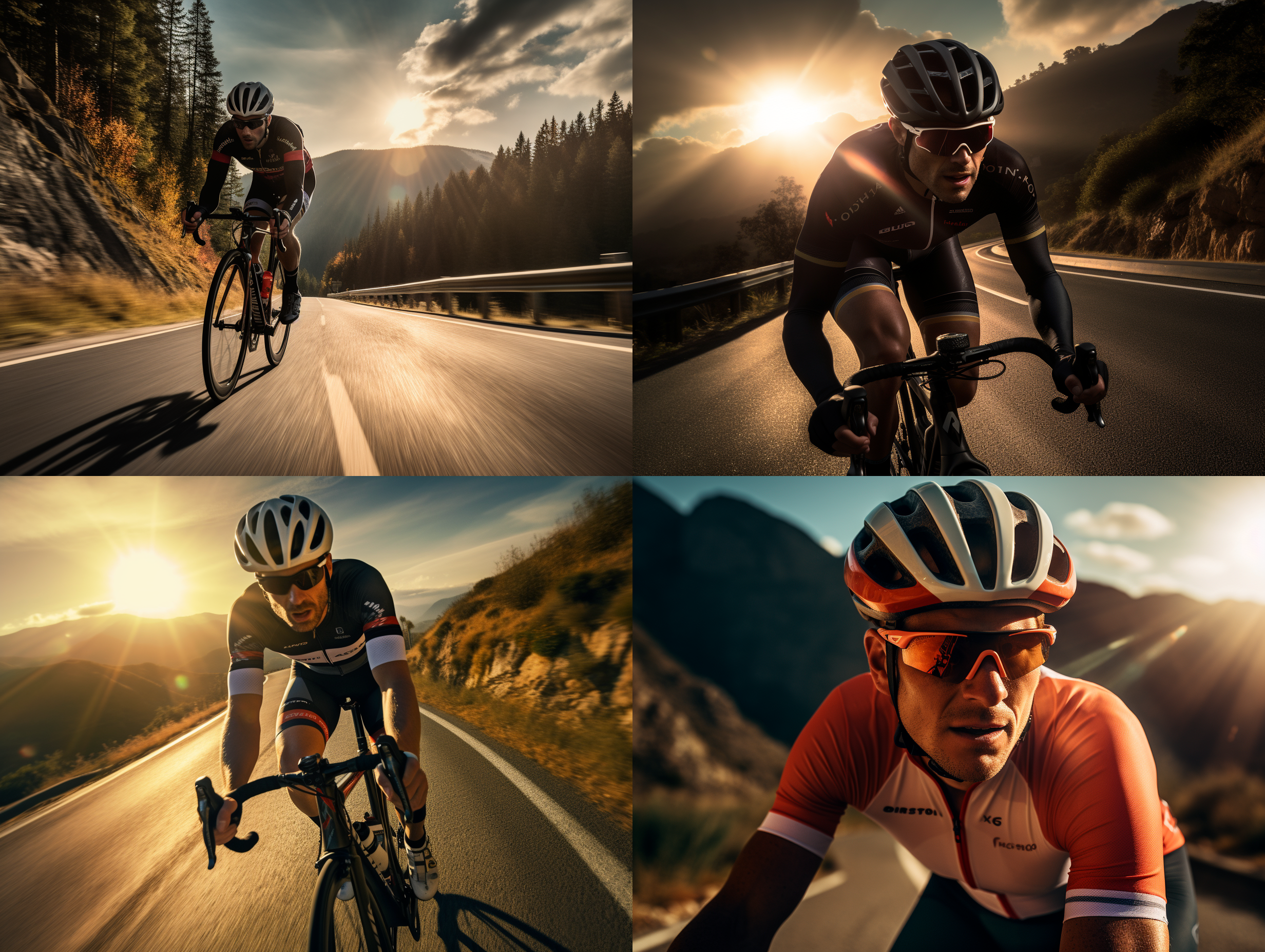 骄阳四射，戴运动眼镜的骑车运动员在山路上骑行，汗水从额头往下流，不影响坚持，遥遥领先，动感十足，山地风光，逆光，长焦镜头，高速快门，坚定表情，运动装，鲜艳色彩，挑战自我。