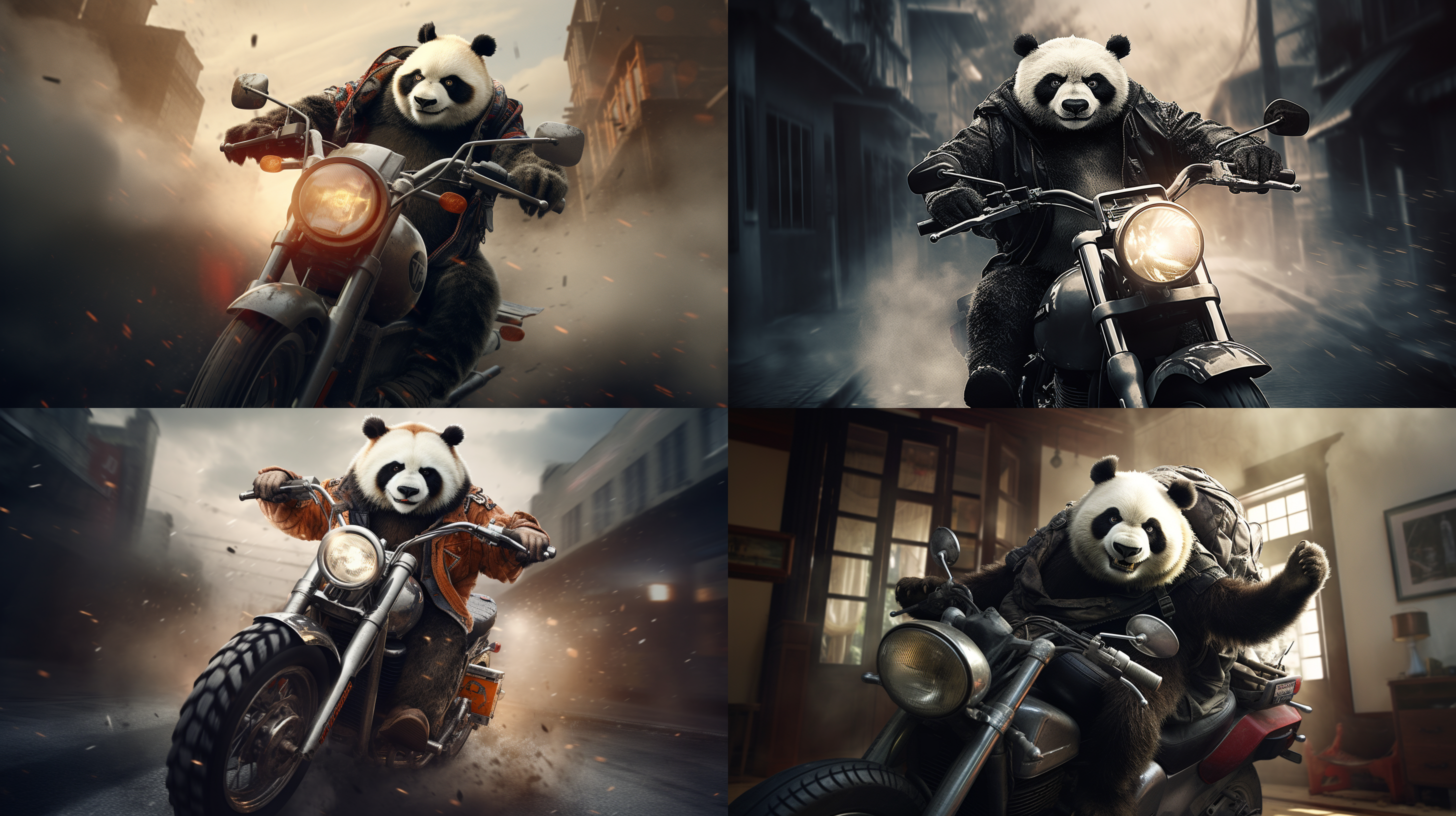 熊猫骑哈雷，超宽客厅，电影质感，超写实风格，全景构图，细节丰富，明亮色彩，逆光，动作飞扬，震撼，广角镜头，室内光线，动态捕捉，黑白对比，冒险精神。