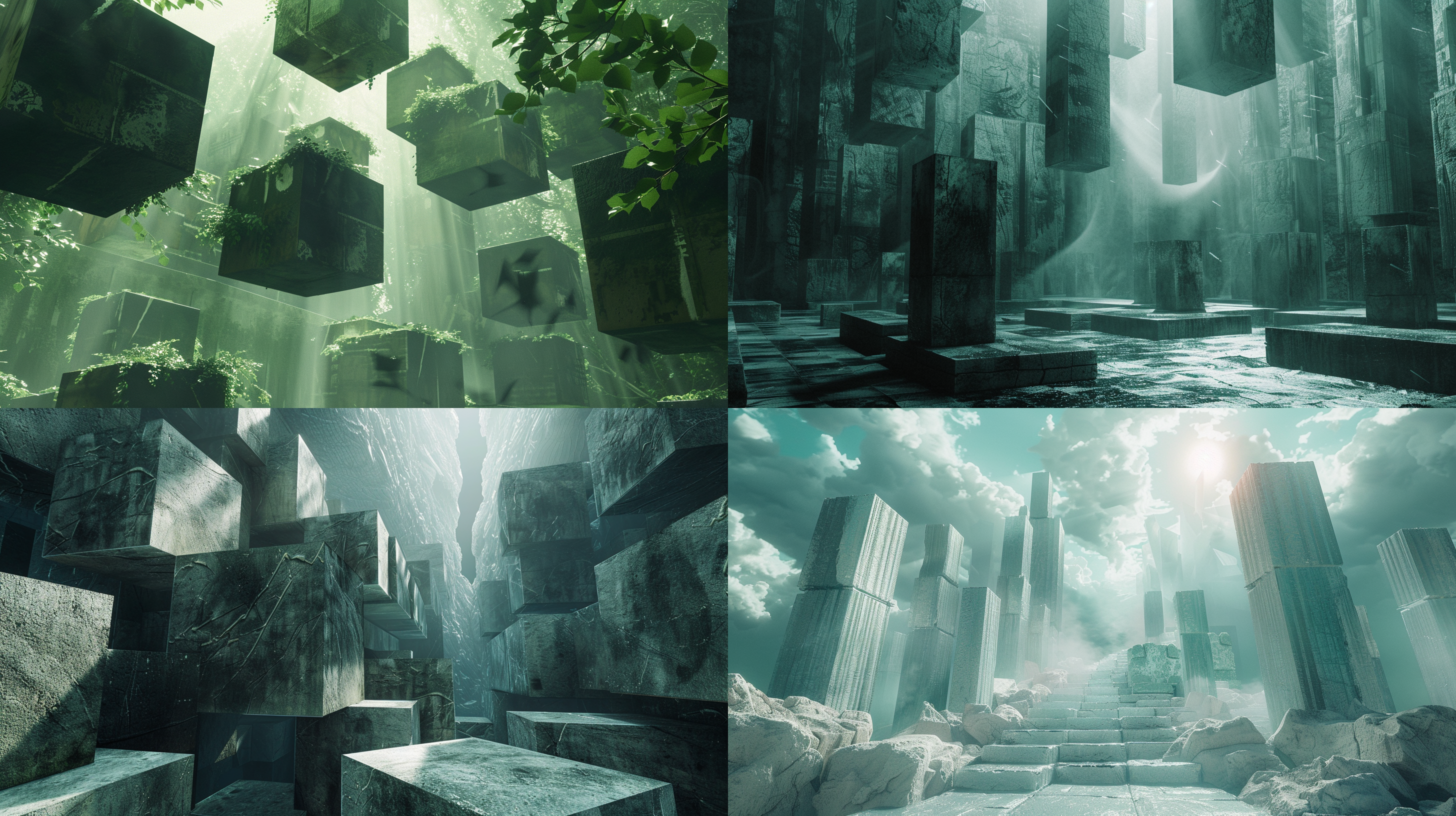 3d立方体装置，随机分布，玛雅遗迹风格，干净，虚幻5渲染，宏伟背景，低角度，广角镜头，自然光，神秘，深色调，静态。