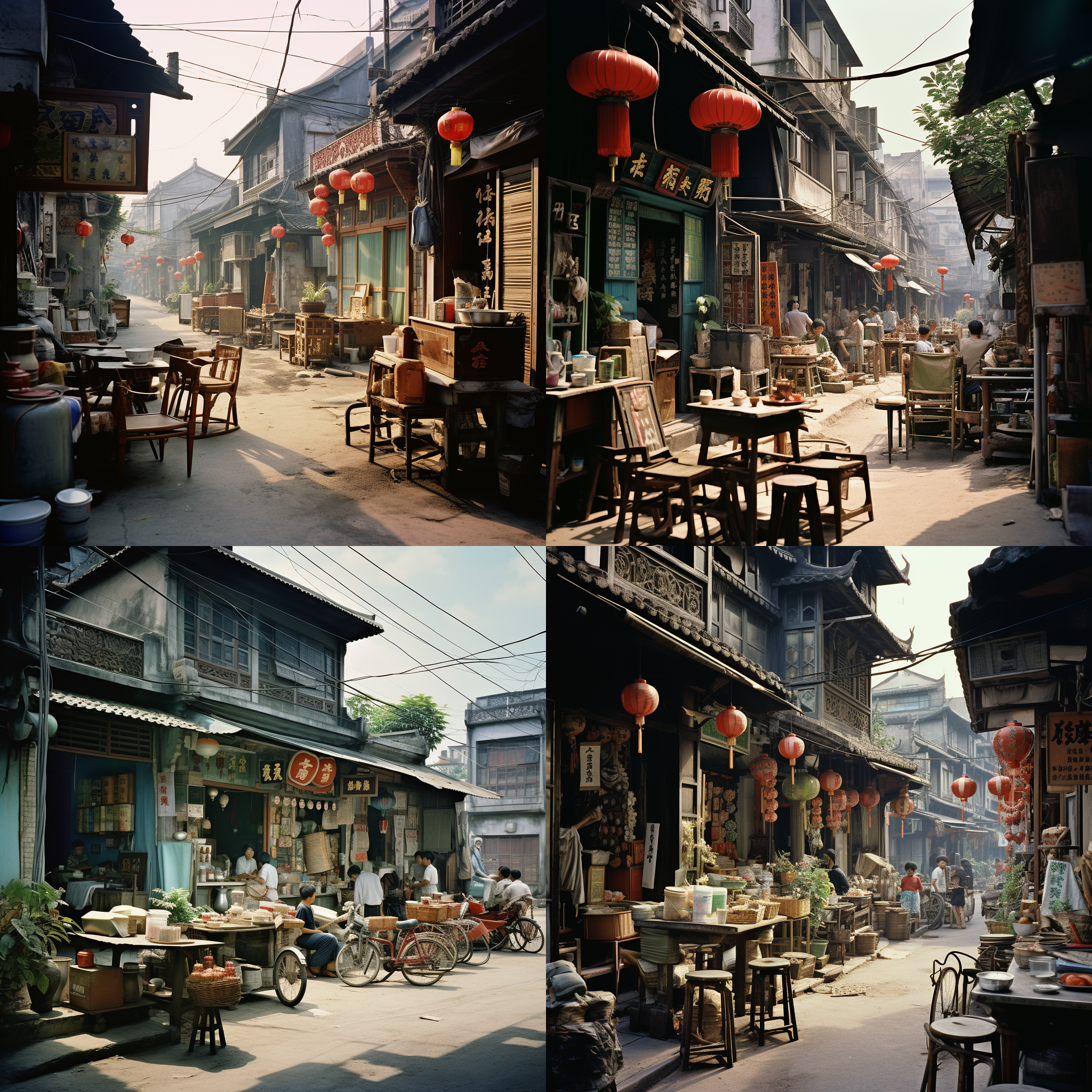 中国南方的70年代茶馆，各种店铺和招牌，色彩暗淡，年代感，烟火气十足，透视点居中构图，全景，大广角