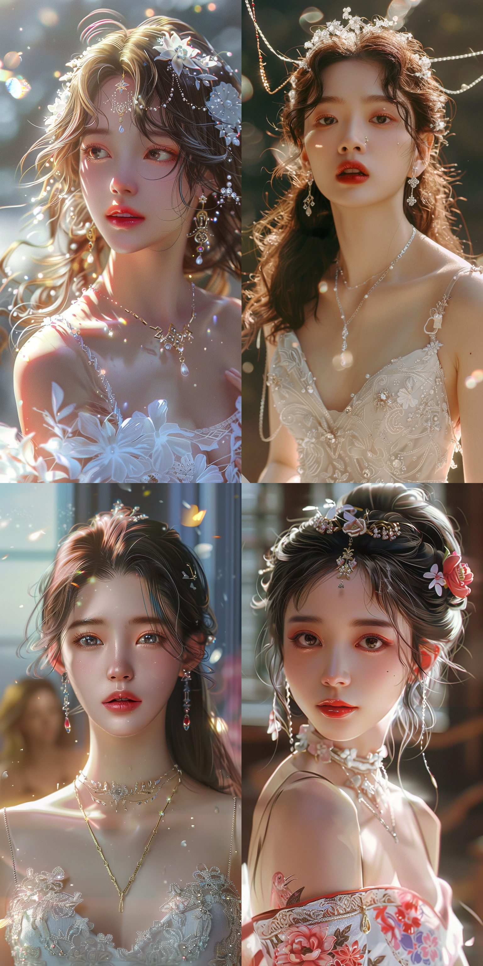 婚纱，服装，连衣裙，裙子，肩带，极致的图案，装饰品多，宝石，珠宝，项链，耳环，头发多，亚洲人，韩国明星，韩国美女，日本明星，日本美女，女孩，女孩子，大头像，大头照，头发颜色随机，面容真实，皮肤真实，超清画质，电影极致画质，角色扮演，正脸，面容可爱，头发超级多，装饰品颜色好看，珠宝石，写真，微笑，超写实，逼真人物画质，清晰度极高，大头像，大头照，面部特写，面部写真，不要全身，要头部，不要身体，cosplay 超现实主义 摄影纪实 oc渲染器 电影风格 照片写实 商场 充满阳光 极限特写 头部特写 粉白 粉彩色 珐琅 黄金 液体黄金 木纹 镜头光晕 电影灯光 粉彩色室内 路易威登 角色扮演 坏女孩装扮 海洋朋克 巴黎风 原宿风 韩国时尚 旗袍 异色瞳 耳后发 头发遮眼 发卡 多彩头发 中式服装 紫水晶 黄水晶 教室 白红 彩虹色 明亮的 复古室内 v杂志 休闲 草原服装 欧洲风 可爱风 脸红的 惊讶 粉发 红发 黑发 贝雷帽