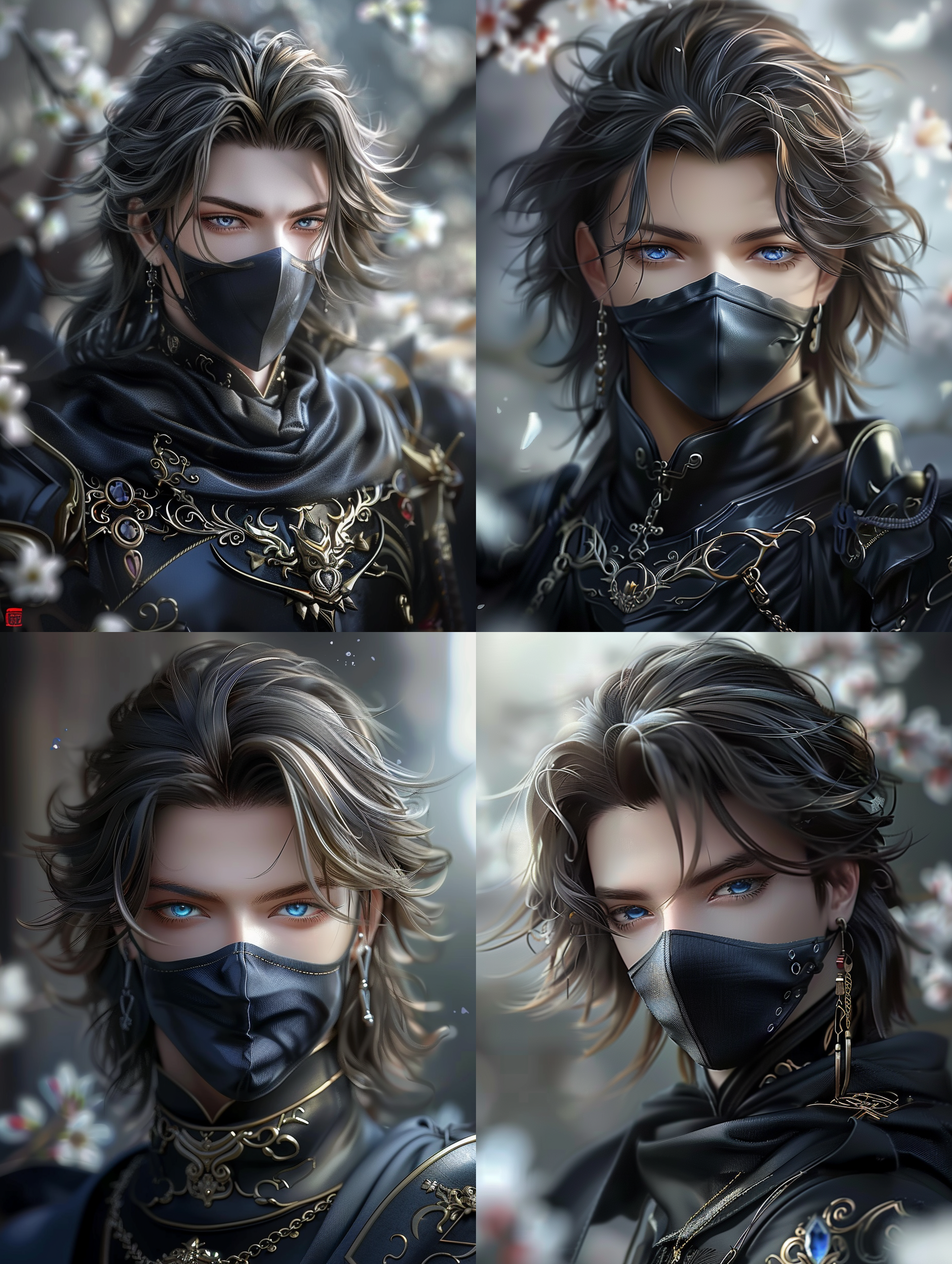 5d cgi动漫幻想艺术，中世纪风格，全身像，蒙面骑士，年轻英俊男人，深蓝色骑士服装，利落的黑色短发，墨蓝色眼睛，真人面容，动态，雍容华美，柔焦效果，浪漫氛围，oc渲染器，复古细腻皮肤质感，明亮色调，细节丰富，高对比度，背景白色杜鹃花，壁纸。 巴洛克建筑