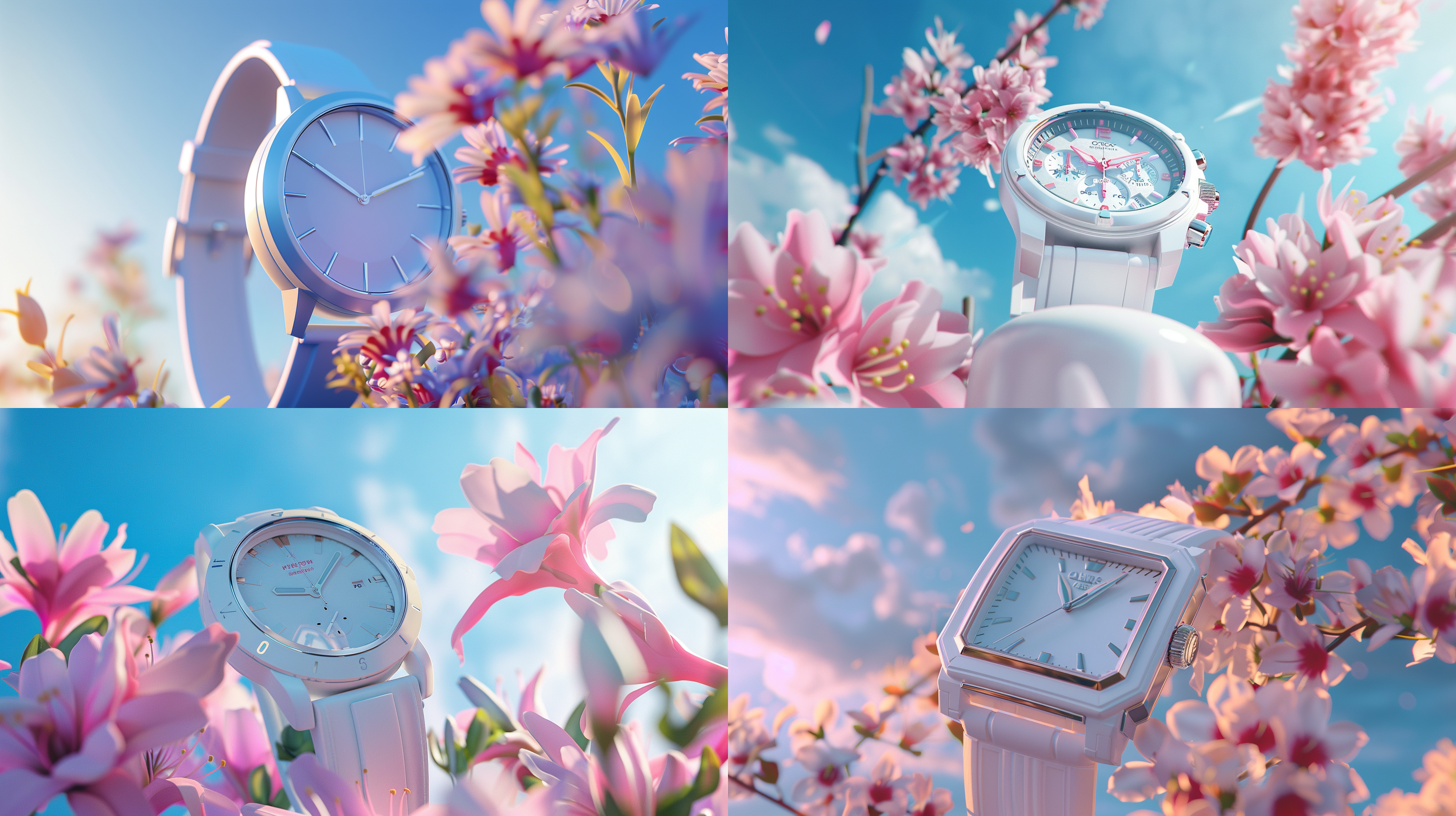 产品拍摄，手表在展示台上，特写大手表做主体，塑胶表壳，无纹路装饰硅胶表带，白色手表，蓝色天空，鲜花点缀，鲜明颜色，明亮光线，居中构图，手表正面视图，3d细节质感，oc渲染器，c4d