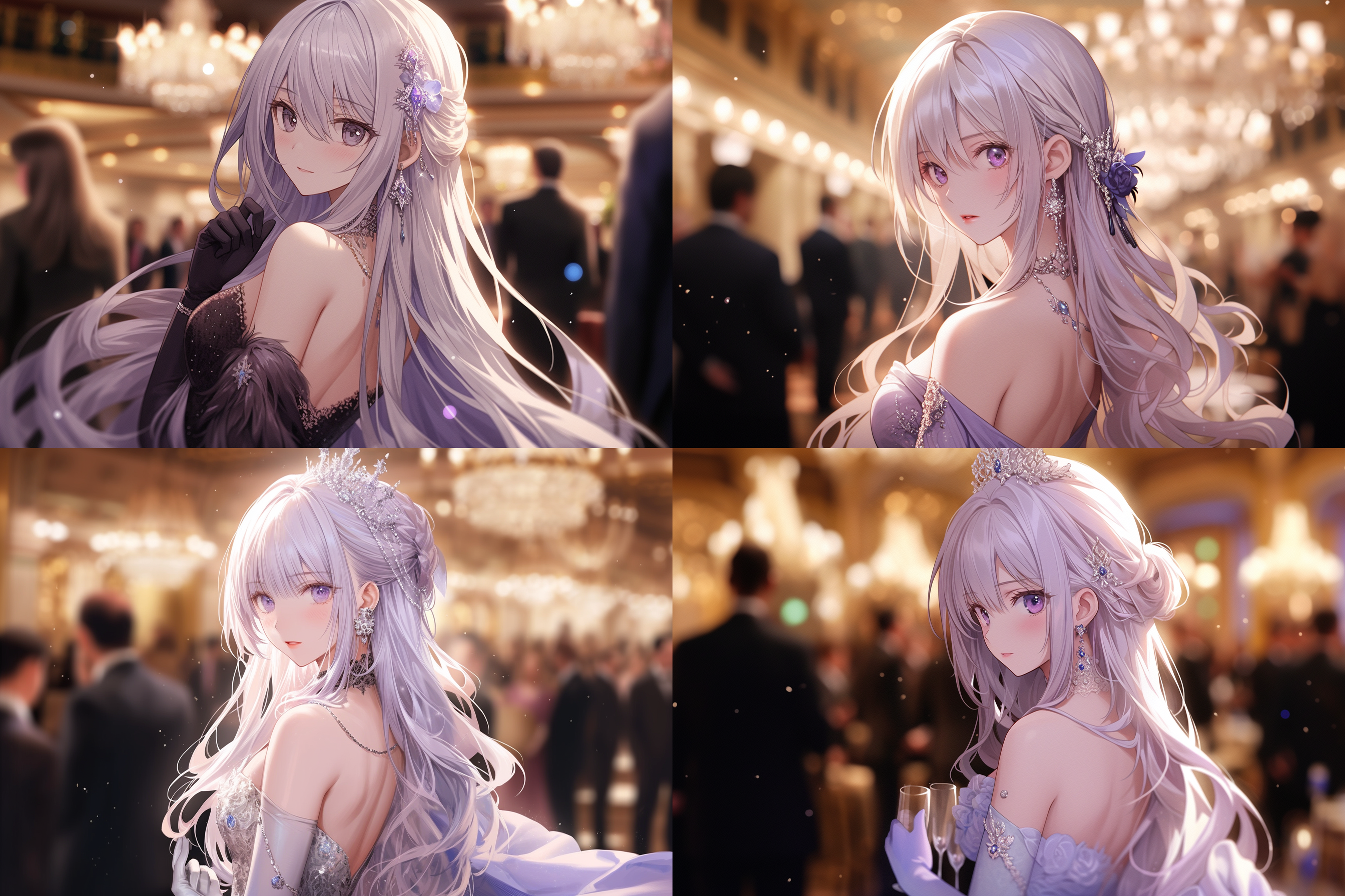 少女赴晚会，淡紫晚礼服，白色手套，银白长发，优雅姿态，室内背景，柔和光线，特写镜头，浅景深，浪漫氛围，温柔表情。