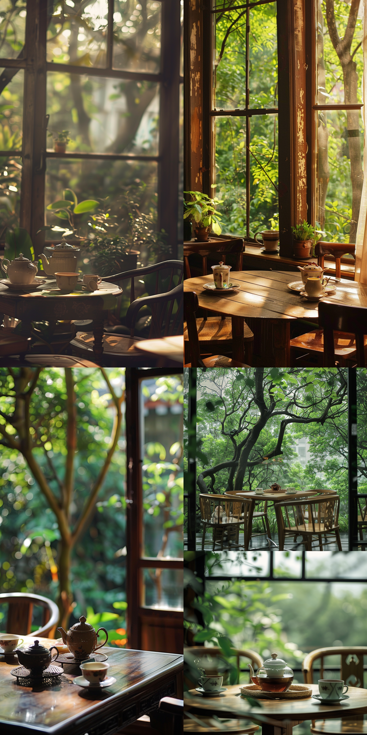 六一儿童节喝茶，怀旧风格，室内，木质桌椅，老式茶具，窗外绿树，柔和自然光，特写镜头，温暖色调，微笑，回忆，宁静。