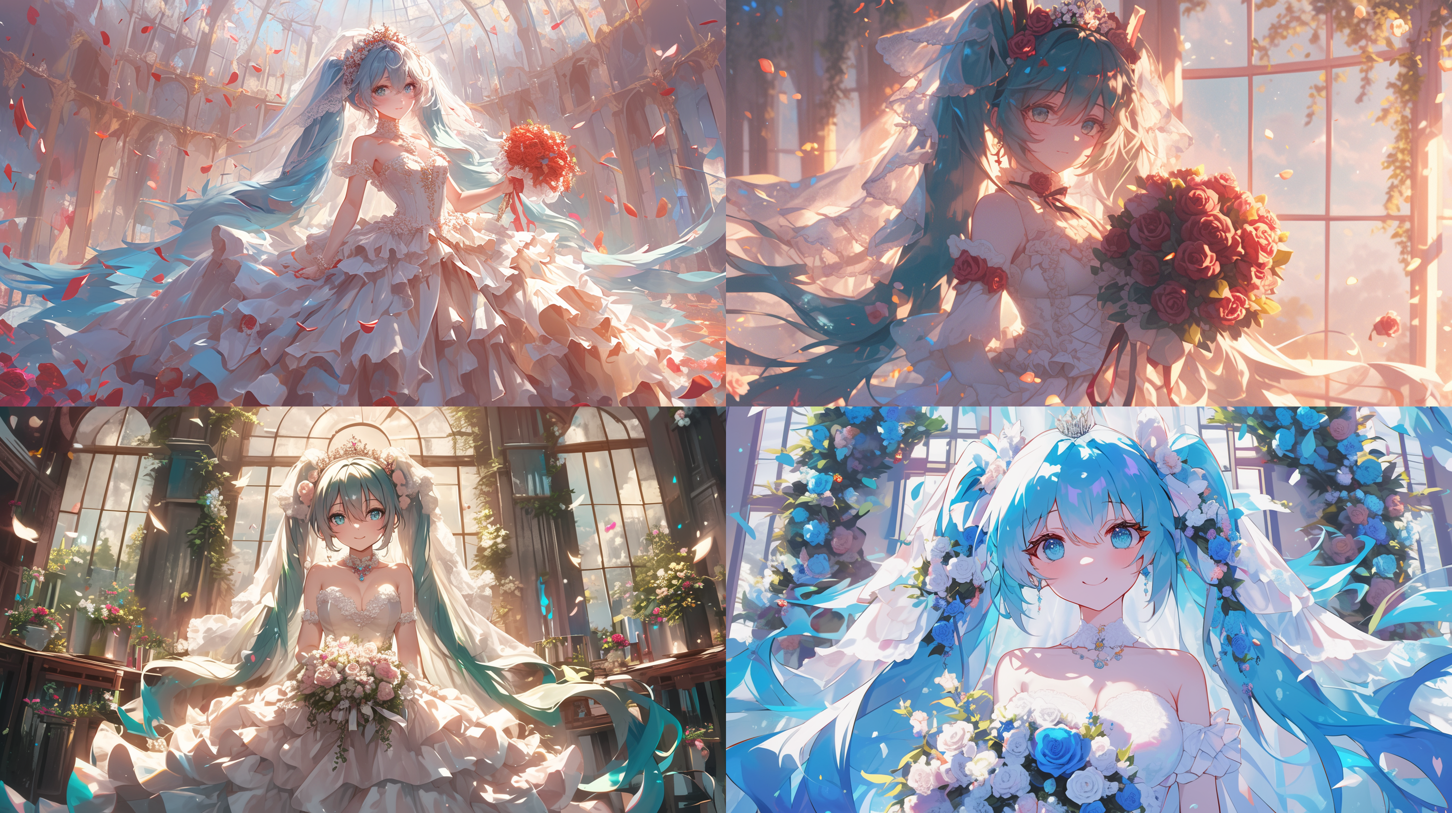 初音未来，美丽精致的脸，花嫁，玫瑰花拱门，唯美，环境光，4k，大全景，cg插画风格。