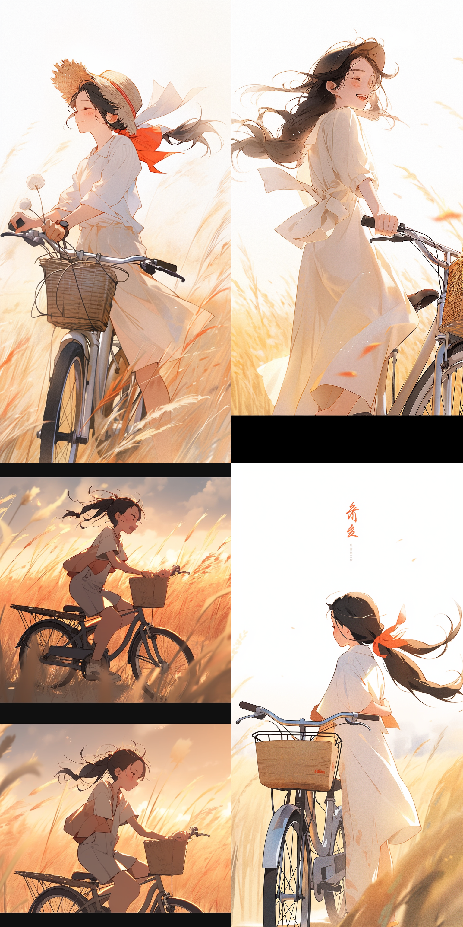 自行车上的中国女孩，麦田边小路上，留白构图，自然光，柔和色调，长焦镜头，侧脸微笑，轻松骑行，田园风光，宁静感。