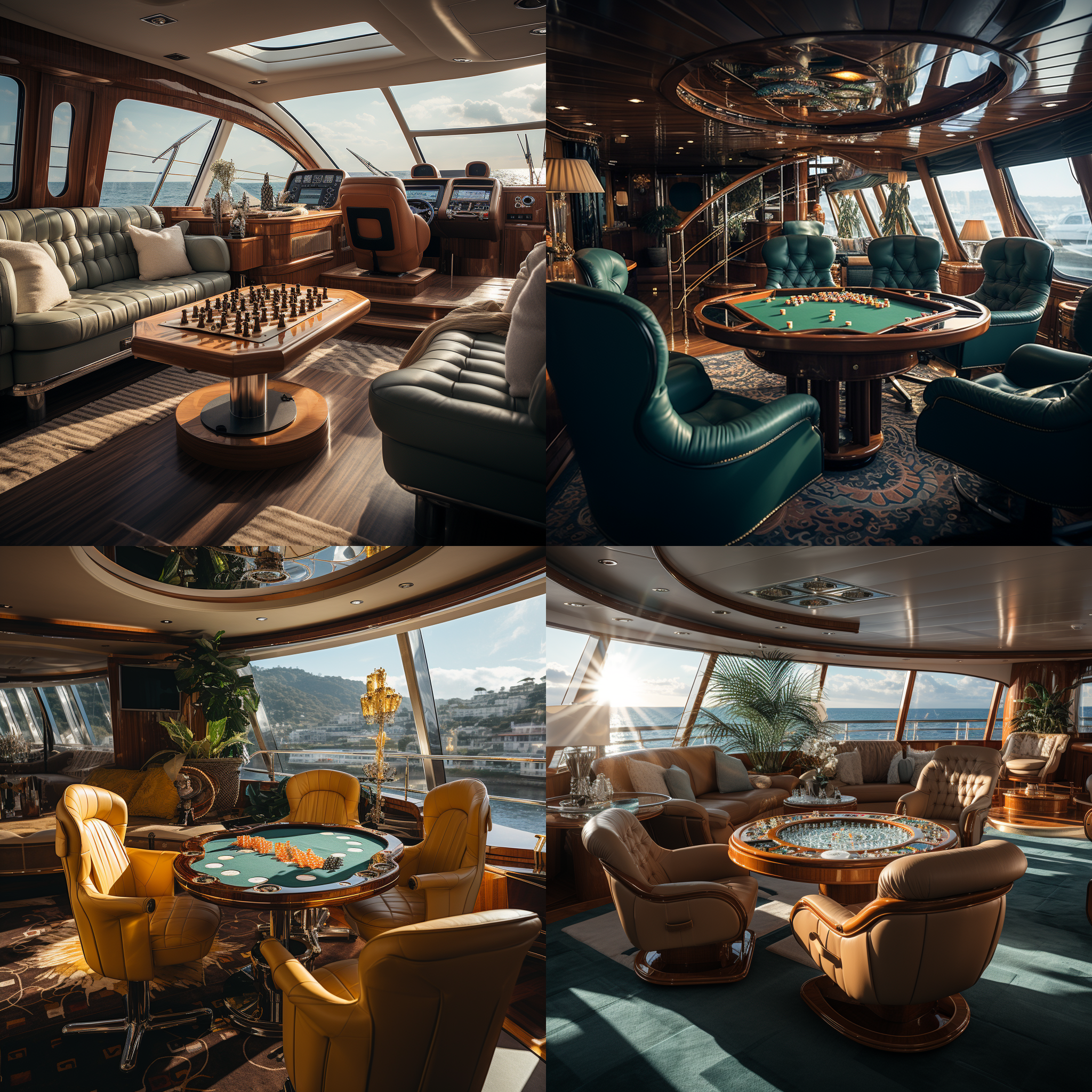 私人游艇内，装修时尚，现代，高级，房间有德州专业桌和筹码，地毯，阳光明媚，广角镜头，低角度，窗外海景，室内细节