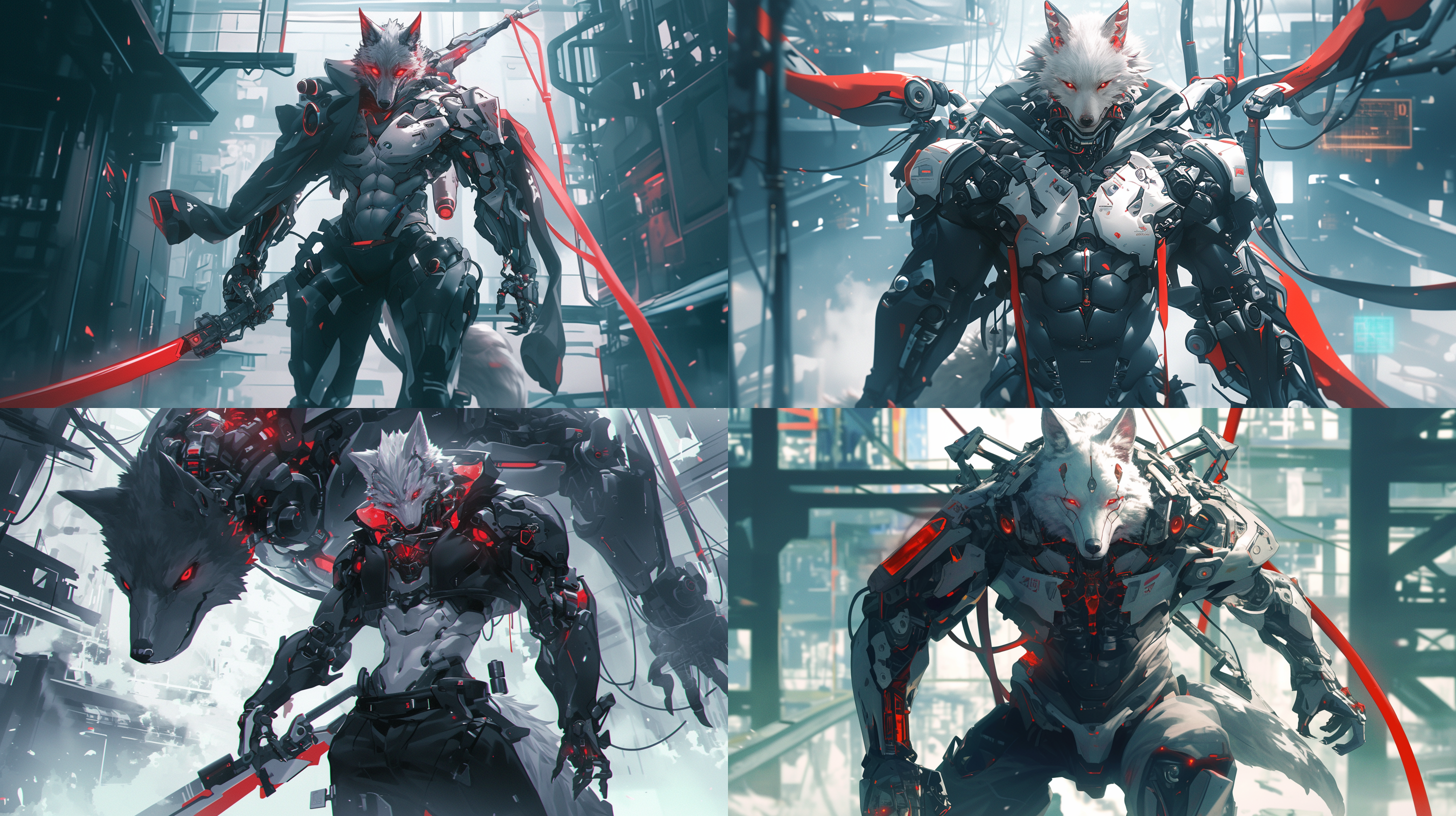 狼人机器人男友全身照，红色瞳孔，八块腹肌，狼耳，深邃微笑，未来科技感，机械腿，人头，银白色头发，机械颈，赛博朋克风格，全身照，高光对比，冷色调，广角镜头，逆光，细节清晰，动态捕捉，神秘感。未来主义，创意风格，网络空间，全身！全身！全身！