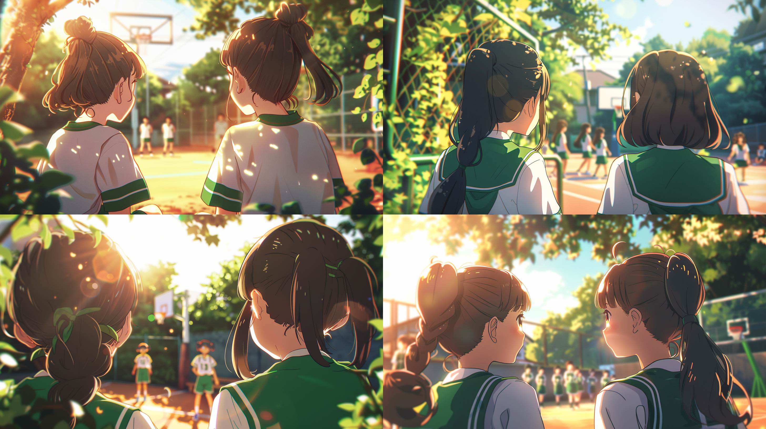 16:9电影感，漫画风格，吉卜力，远景，广角镜头，俯视角，凤凰花下，鲜艳对比，自然光线，宁静氛围，柔和侧光，高饱和色彩，细腻肌肤质感。高中校园，篮球场，2个高中女生背影，运动服，并肩坐，看着远处的一群高中男生打篮球。