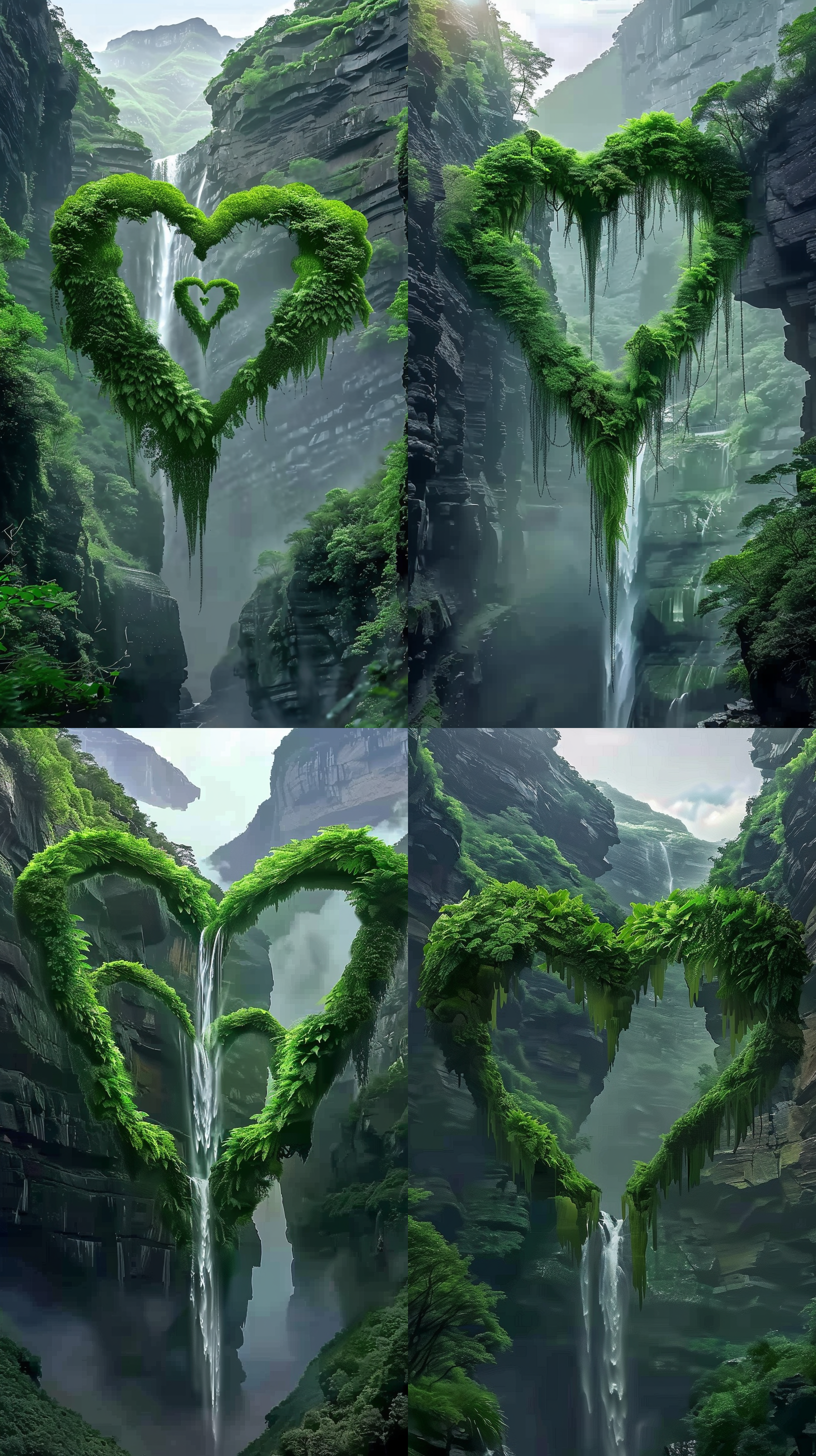 the heart-shaped waterfall in the green forest is shaped like an openwork. green moss growing on it forms two hearts that connect together, forming a heart shape, surrounded by high mountains and dense forests, creating a romantic atmosphere. the waterfall flows down from top to bottom, with a magnificent view of nature in the style of high definition photography and real scenery at high resolution.