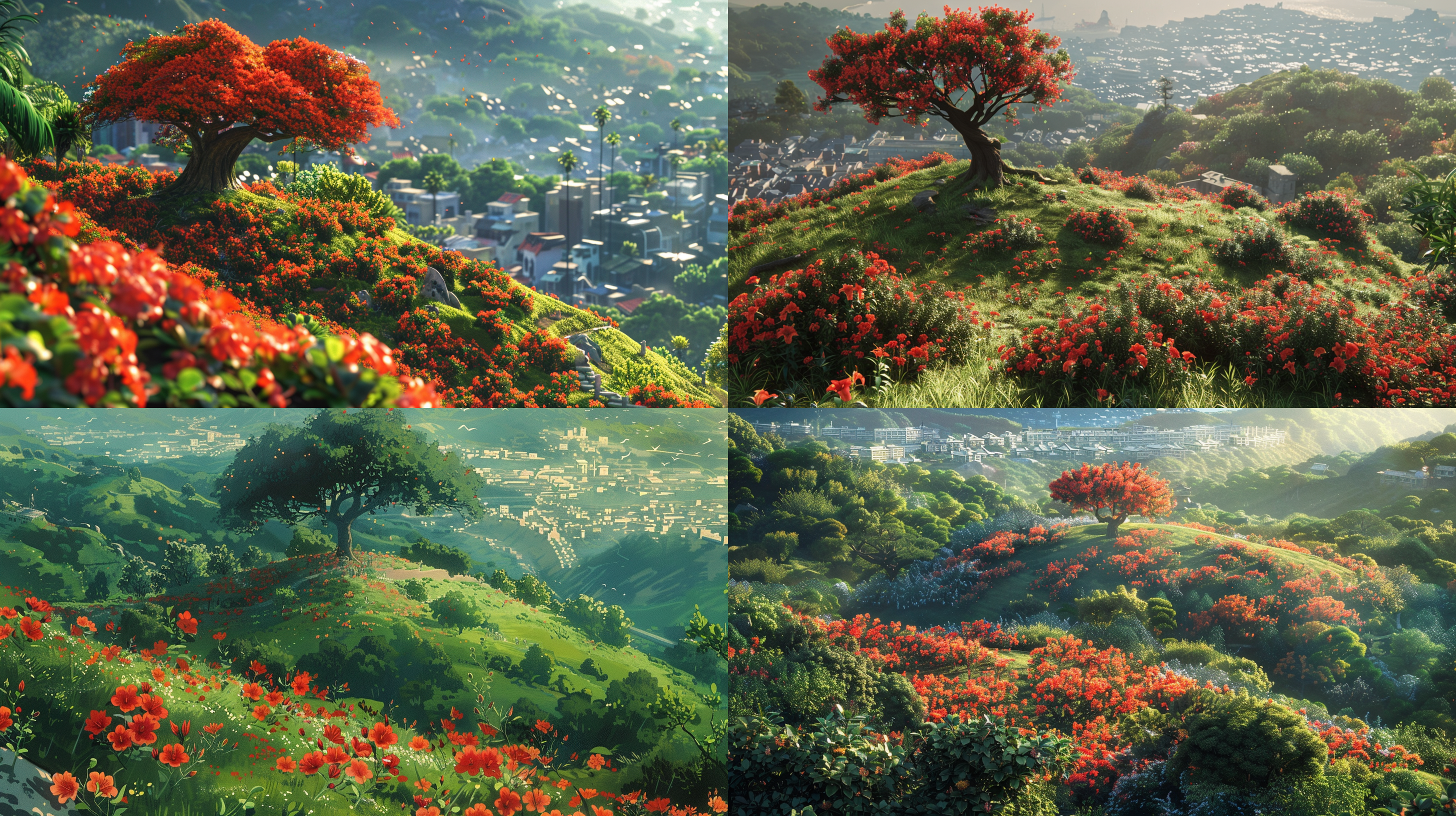 城市公园旁小山坡航拍，广角16:9电影感，漫画吉卜力风格，远景凤凰木盛开，红色凤凰花漫山遍野，绿色点缀，鲜艳对比，自然光线，宁静氛围，色彩饱和，细节丰富，空旷视野。