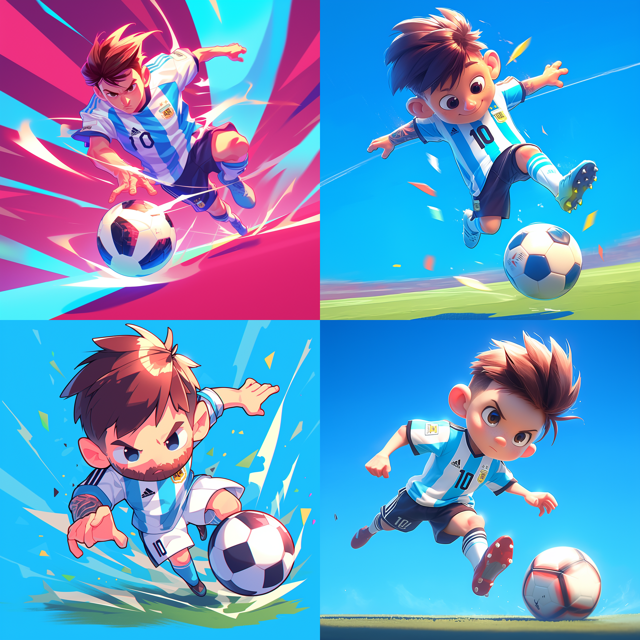 梅西穿阿根廷10号球衣，q版单人，泡泡马特风格，3d，4cd，简洁背景，卡通化，大头小身，足球场，脚踢足球，明亮色彩，柔和光线，立体感强，活泼可爱，仰视图，速度感。