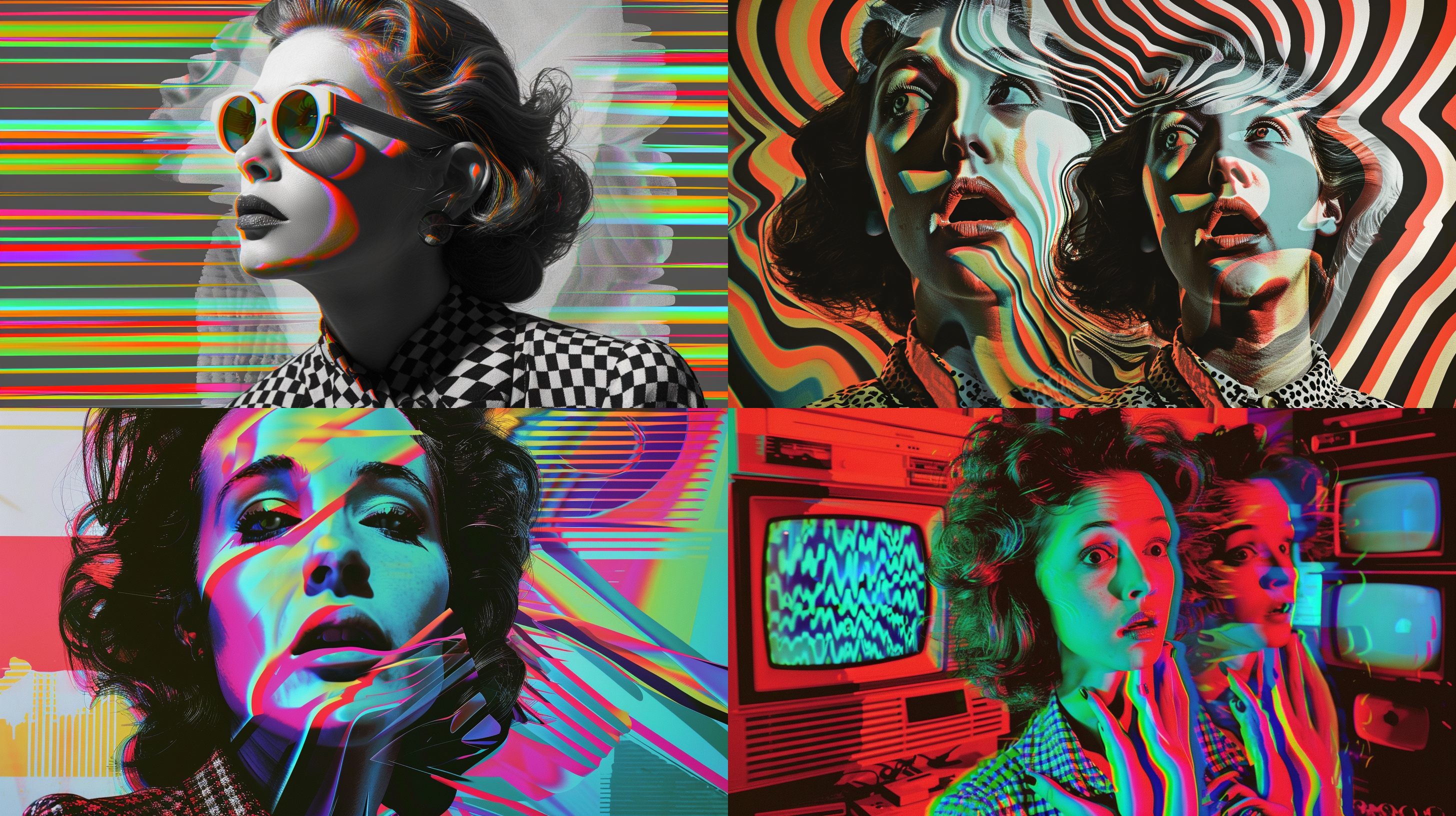 susan kare，扭曲的幻想，超现实风格，错位构图，迷幻色彩，数字艺术，光怪陆离，面部表情困惑，衣着复古，强烈对比，神秘氛围，梦幻般的光线，扭曲空间，视觉冲击。