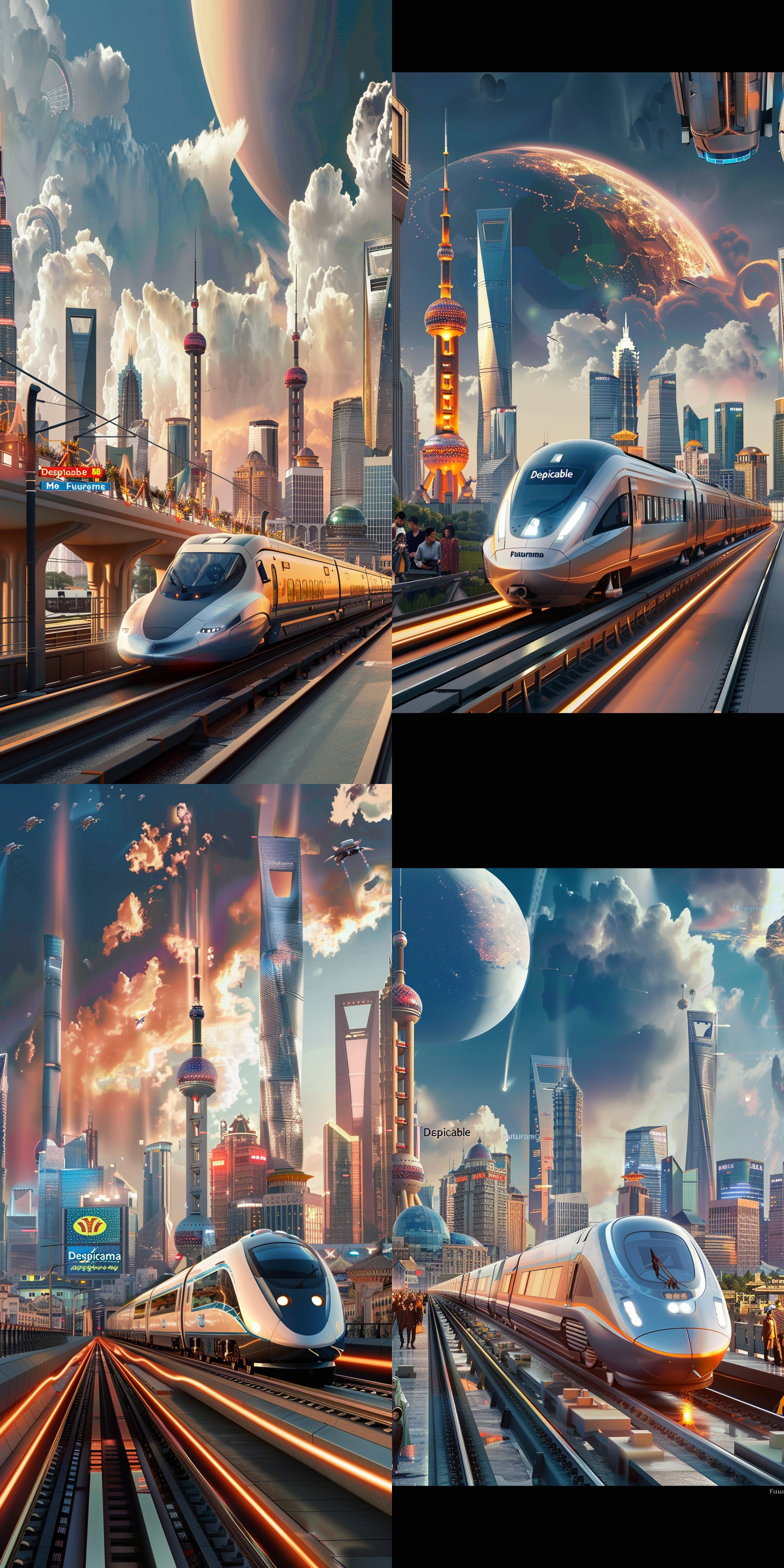 未来城市，《卑鄙的我》风格，youtube缩略图，中国，非洲未来主义，2025年，8k漫画艺术，互联互通，高速列车，变形宽银幕，官方渲染，julius hatofsky作品，乐观未来，艺术家插图，19xx年，超现实图像，《飞出个未来》，上海标志性建筑背景，明亮色彩，动态构图，未来科技感，人群活动，正面光，细节丰富。