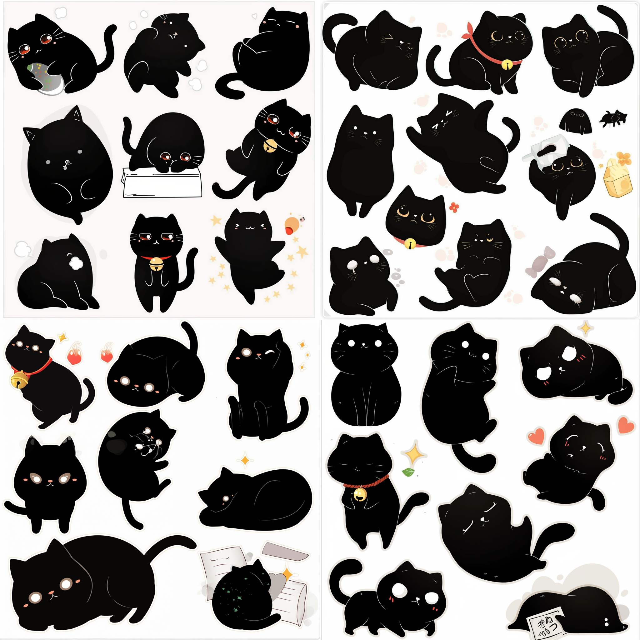 卡通黑猫，挂红绳，系铃铛，多种表情，全身图，插画风格，长焦镜头，侧逆光，招财猫姿势，暗绿色调，背景纯色，浮世绘风格，矢量美，活泼，神秘。