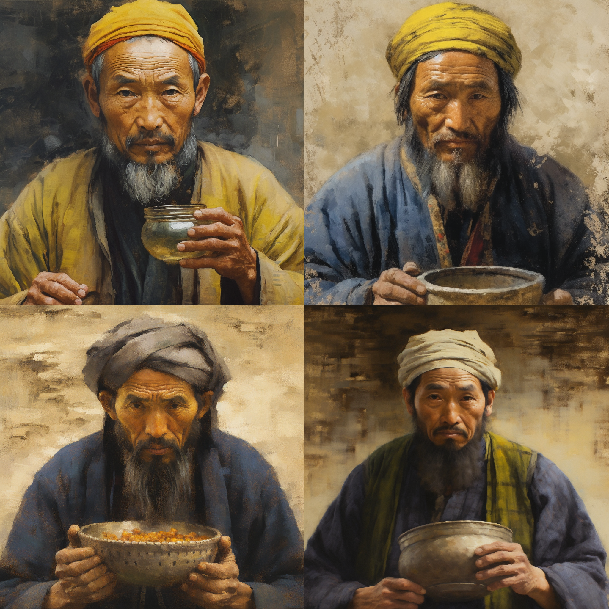 中国农民特写，满脸皱纹，扎头巾，汗珠，胡须，沧桑手端碗喝水，背景黄土地，油画，细腻高画质，自然光，特写镜头，暖色调，沧桑感，静态动作。