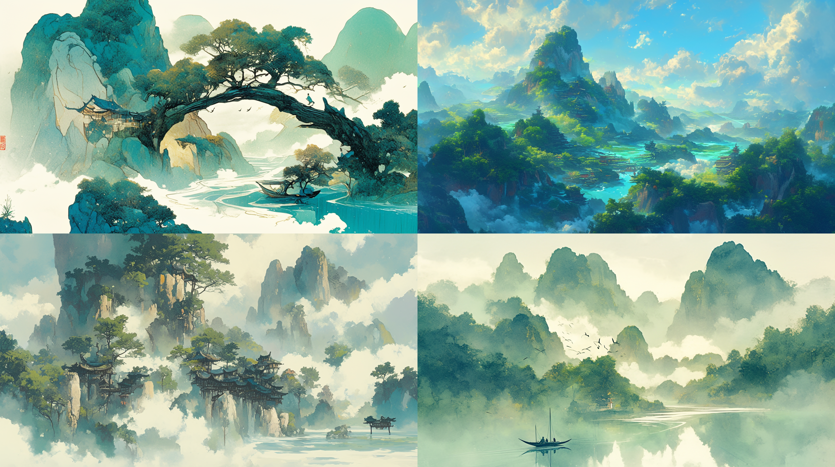 天门山高耸入云，楚江蜿蜒如绿带，中国山水画风格，细节丰富，千里画卷，绿色和金色色调，古老艺术风格，宁静永恒，传统艺术，丰富细节，水墨效果，柔和灯光，平静祥和，动画艺术风格，