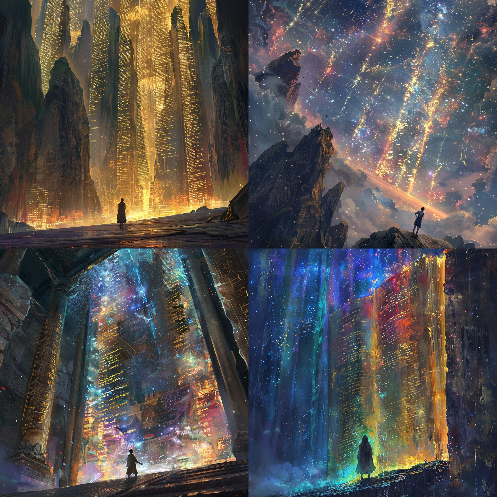 赵无极，金色文字，透明，书页，一个小人儿，阵法，通天透明书页，神秘氛围，盛大，生物发光，顶部照明，仰视，炫彩光影，岩彩板绘，浪漫古风