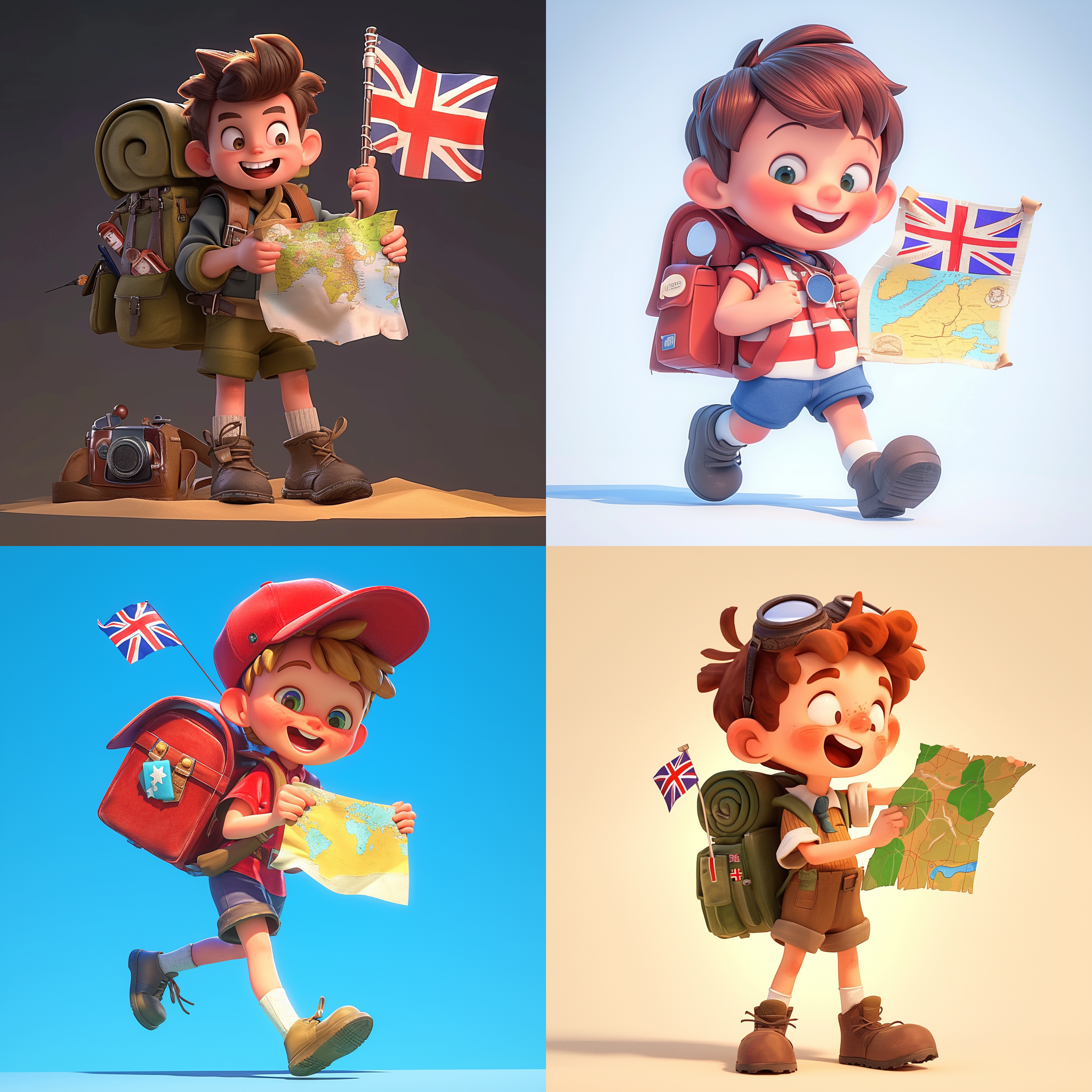 a cute boy carrying a backpack, very happy, holding a map of england with british elements, style: 8k 3d style, detailed character design, interesting character design, carving, jcore， lively and full of vitality, samikshavad job， british theme, british style
