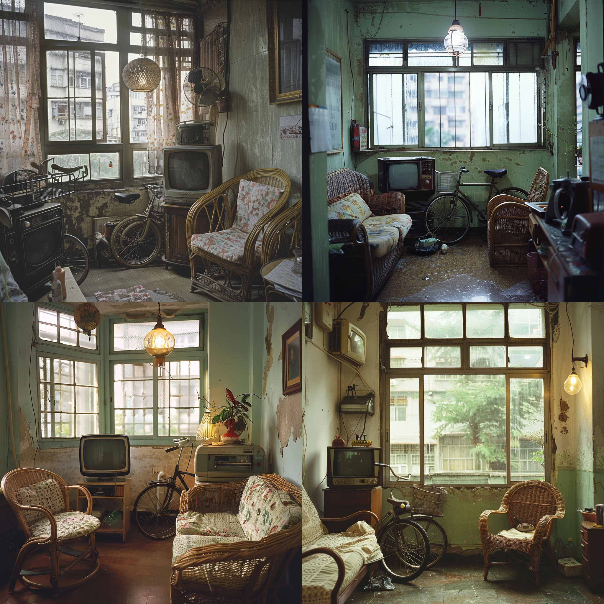 80年代中国家庭客厅，黑白电视，缝纫机，布沙发，藤椅，灯泡照明，木窗玻璃，自行车，广角镜头，墙面裂纹，窗外雨景，自然光，低饱和度，淡绿色墙裙，复古风格，温馨氛围。