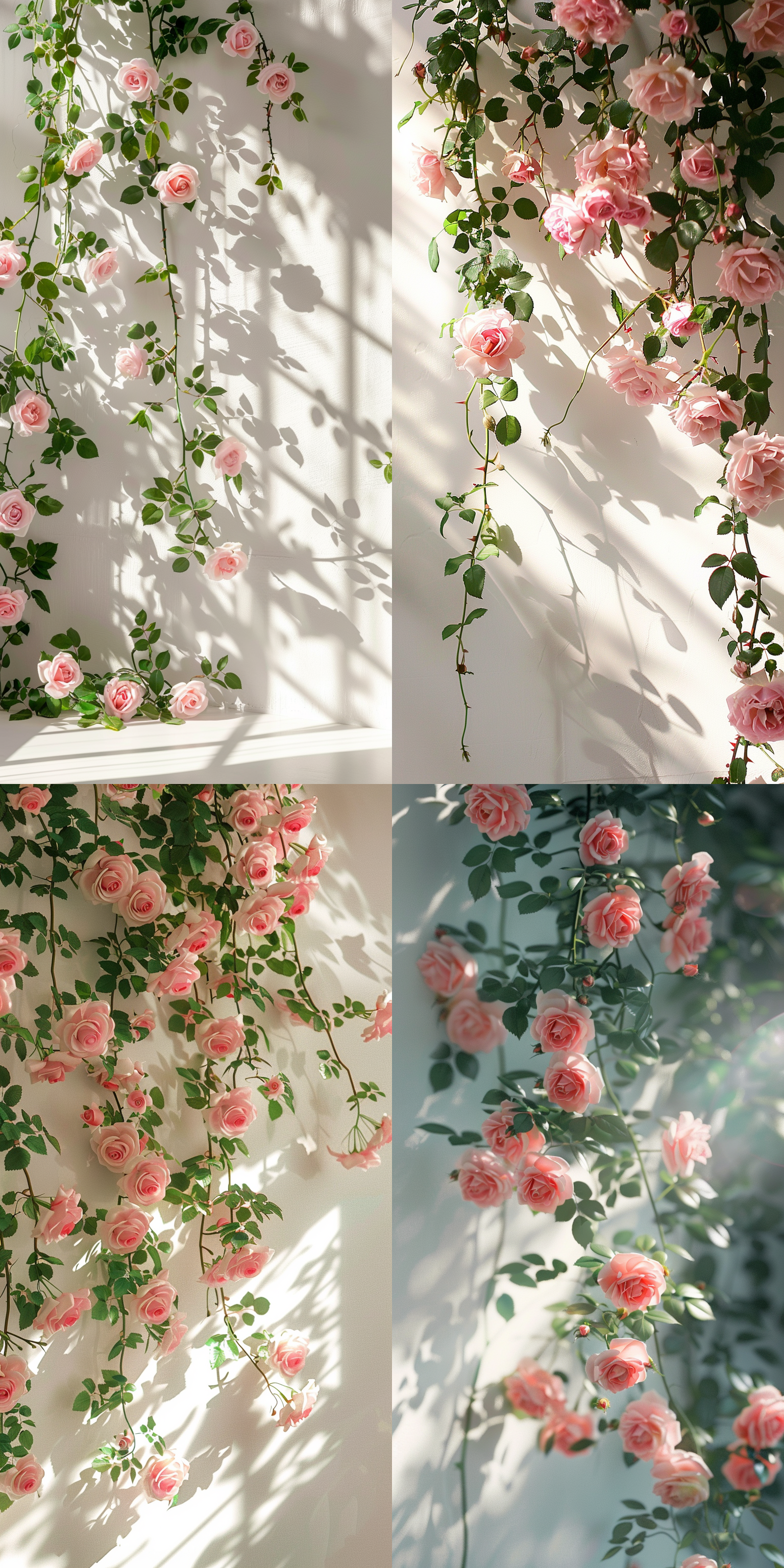 一面白色的墙，垂下一片粉色的蔷薇花，阳光，侧光，干净整洁的环境，清新自然的氛围