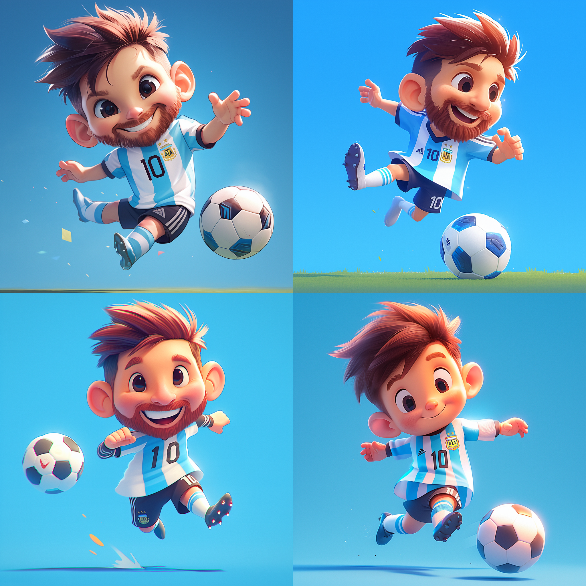 梅西穿阿根廷10号球衣，q版单人，泡泡马特风格，3d，4cd，简洁背景，卡通化，大头小身，微笑表情，脚踢足球，明亮的色彩，柔和光线，立体感强，活泼可爱，卡通渲染，明亮色调，动态捕捉，轻松氛围。