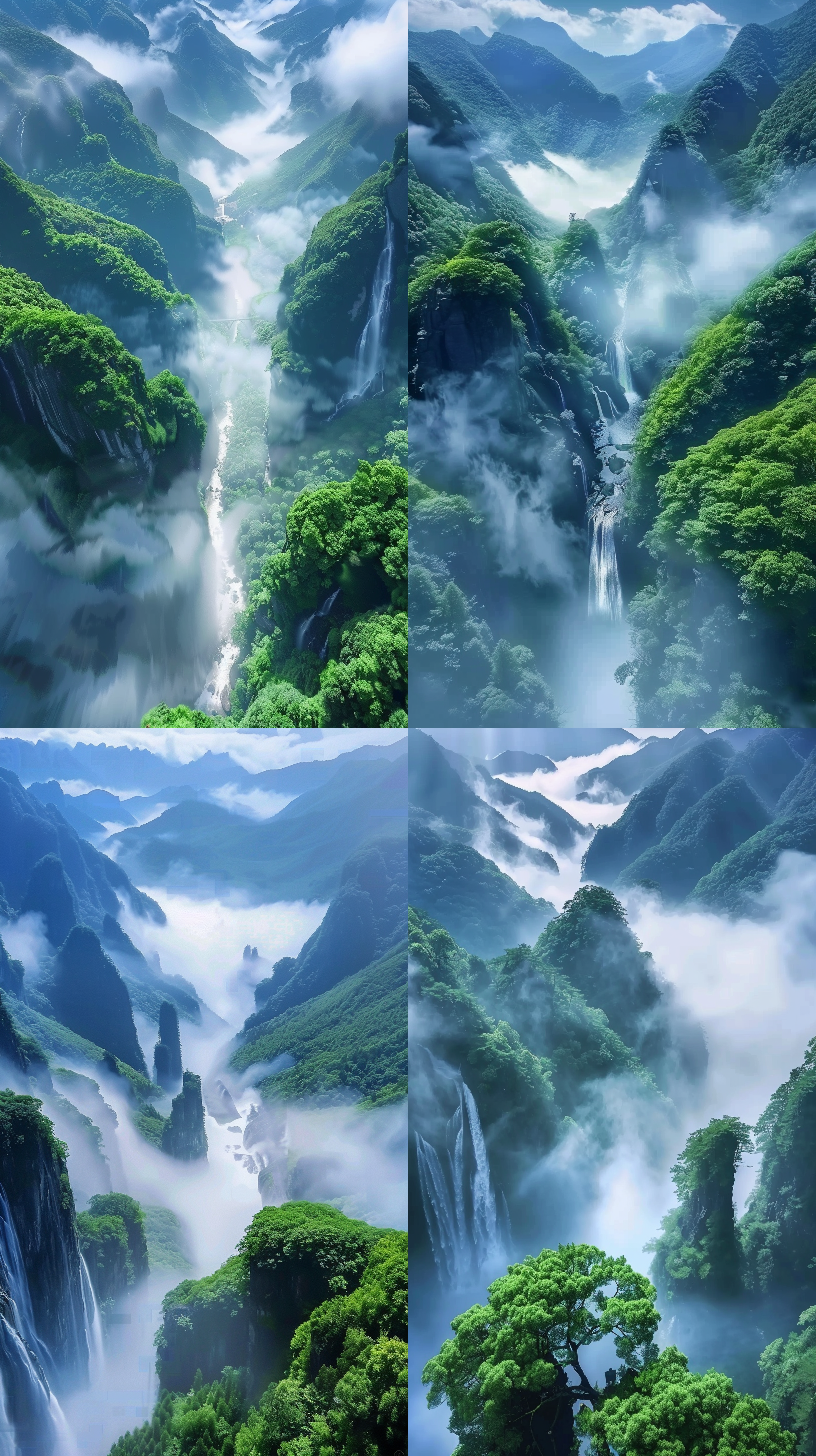 very beautiful matte painting, beautiful green liquid, samsara, by jitish kallat, aerial footage, multiple waterfalls, shot on anamorphic lenses, mystical blue fog, xianxia, cherished trees