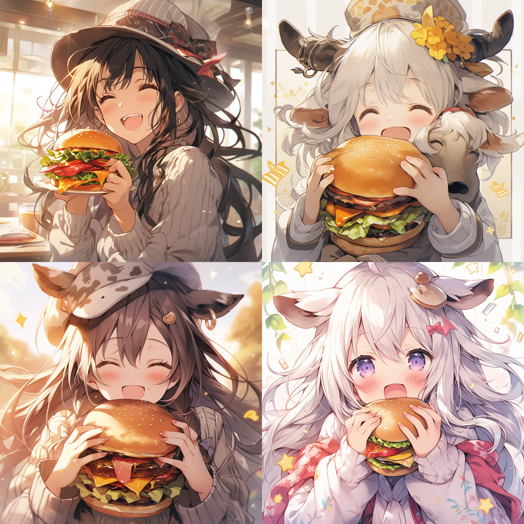 小牛ip形象，手拿大汉堡，高清，中心构图，明亮背景，白描，线条，正面视角，微笑表情，友好氛围，细节丰富，动态感，自然光，鲜艳色彩，轻松动作。