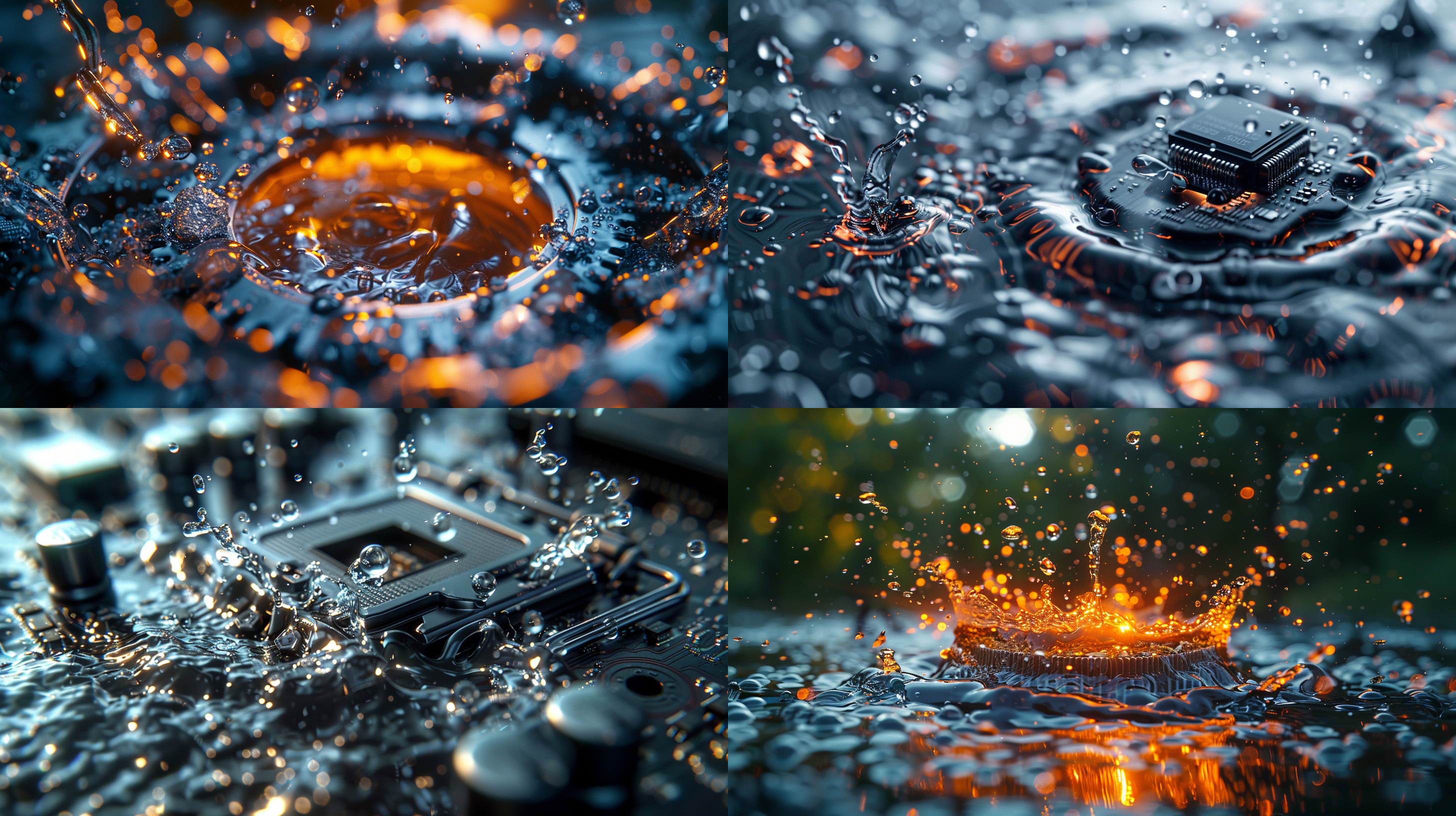 8k,摄影，超细节，超逼真，杰作，一个机械cpu,水从顶环绕底部，飞溅的水，环绕涟漪。明亮，光感，焦散，景深，
