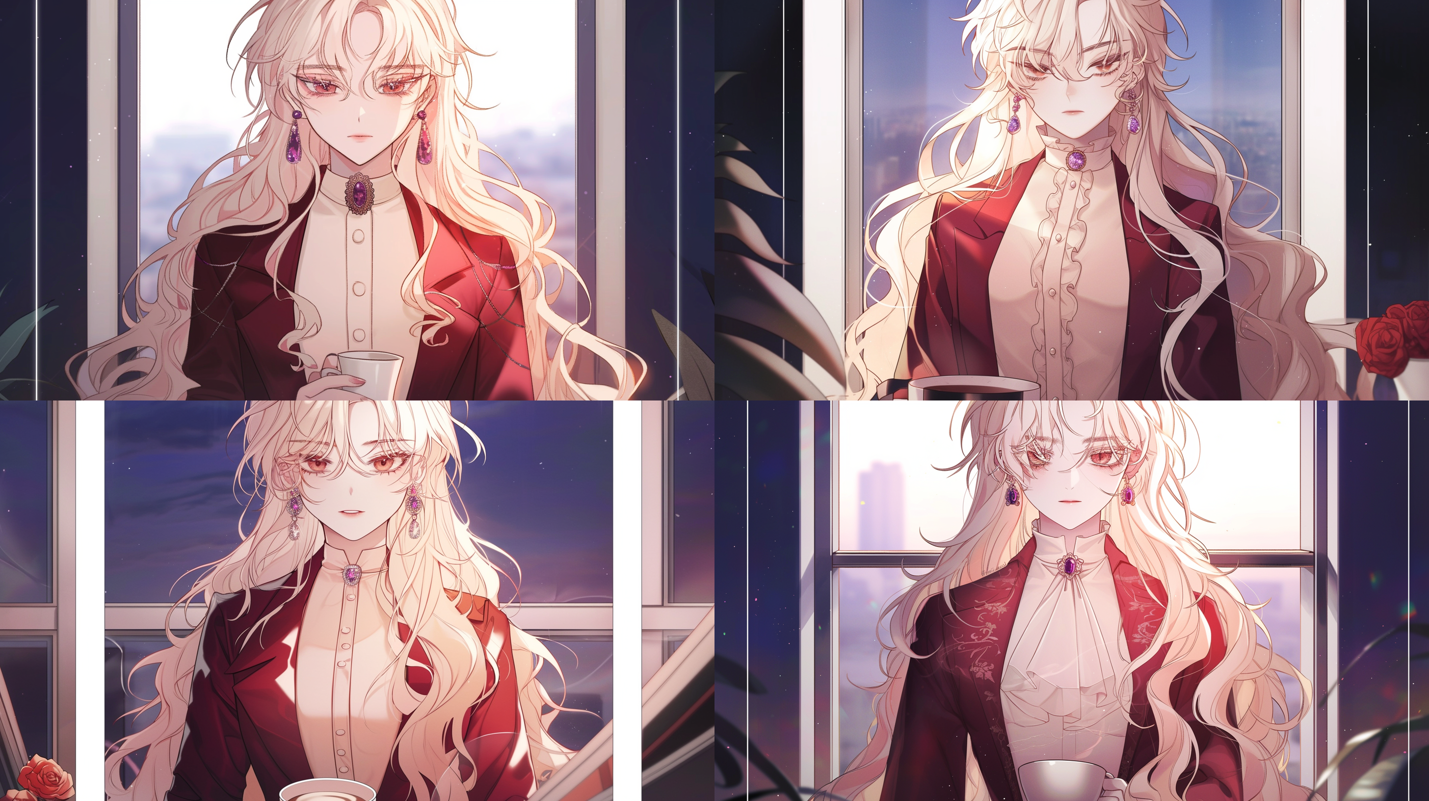 20岁亚洲女孩，淡黄色长卷发，米色衬衫，黑色长裙，棕色眼睛，长长睫毛，紫色水晶耳环，手持咖啡，办公室站立饮用，冷白肤色，眼神锐利，红唇，韩漫风格，柔光，长焦镜头，4k高清。 漫画