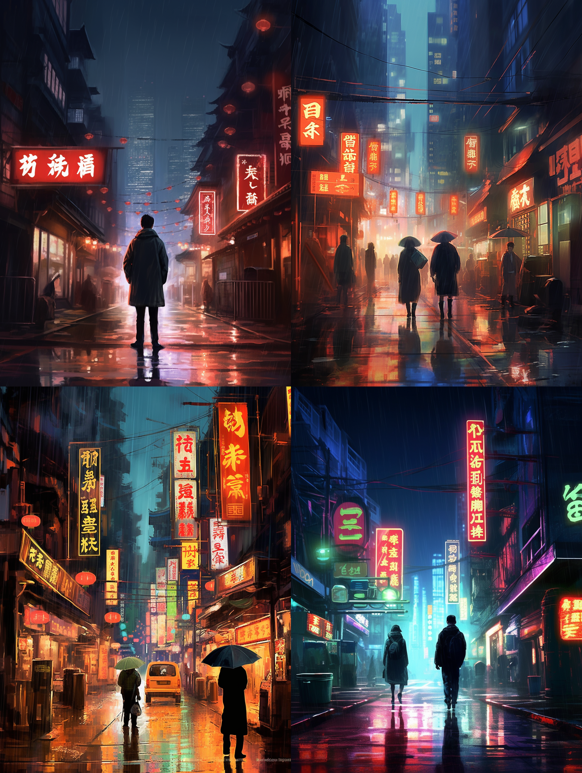 流光溢彩背景，低饱和度，人物剪影，长曝光，夜景，城市灯光，柔焦，静态，沉思，冷色调，广角镜头，背光。