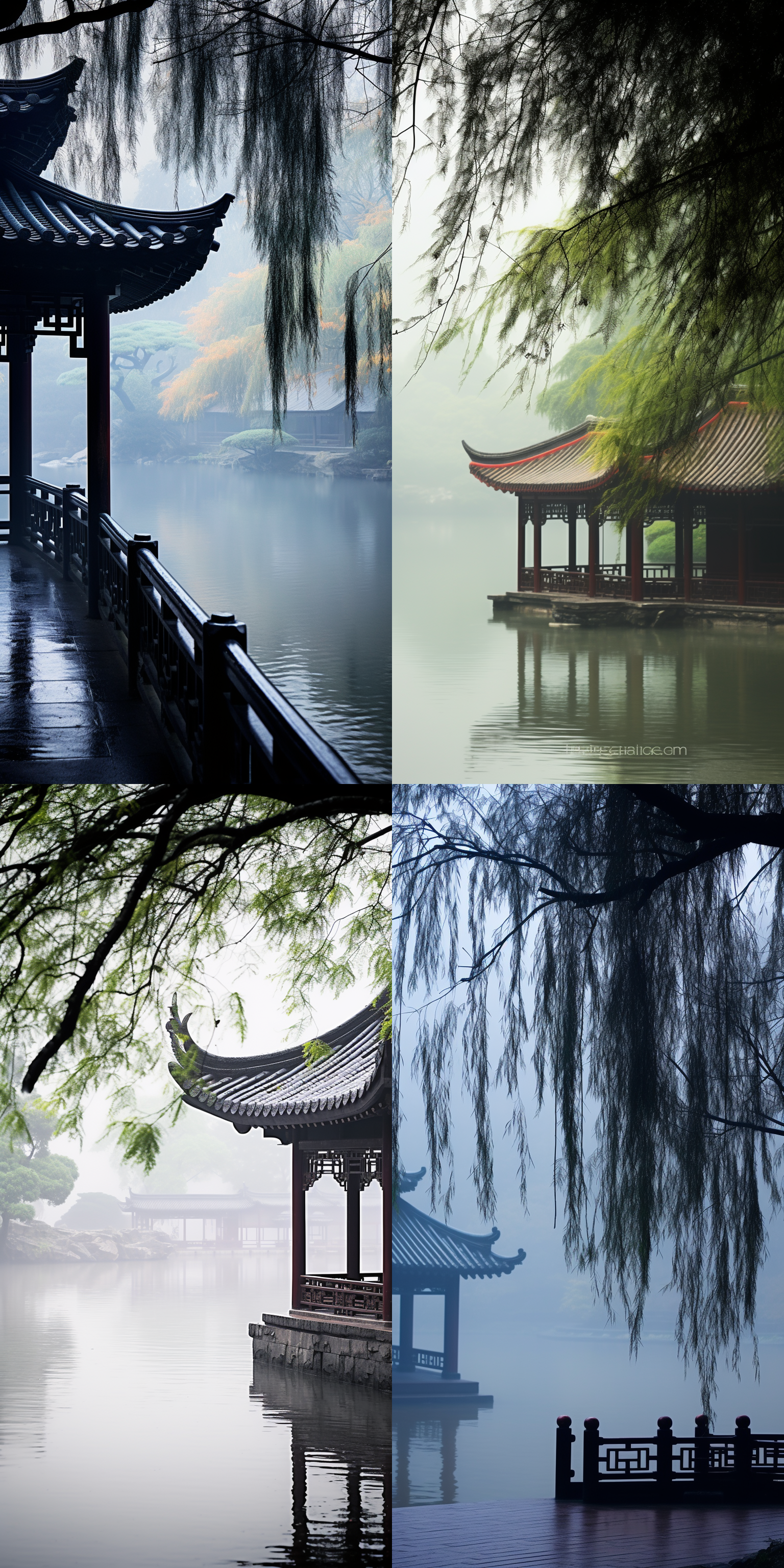 江南烟雨，雨滴滴落在柳枝上，远处楼阁在烟雾中若隐若现，水墨画风，柔和光线，长焦镜头，低饱和度，静谧，细腻纹理，朦胧美。