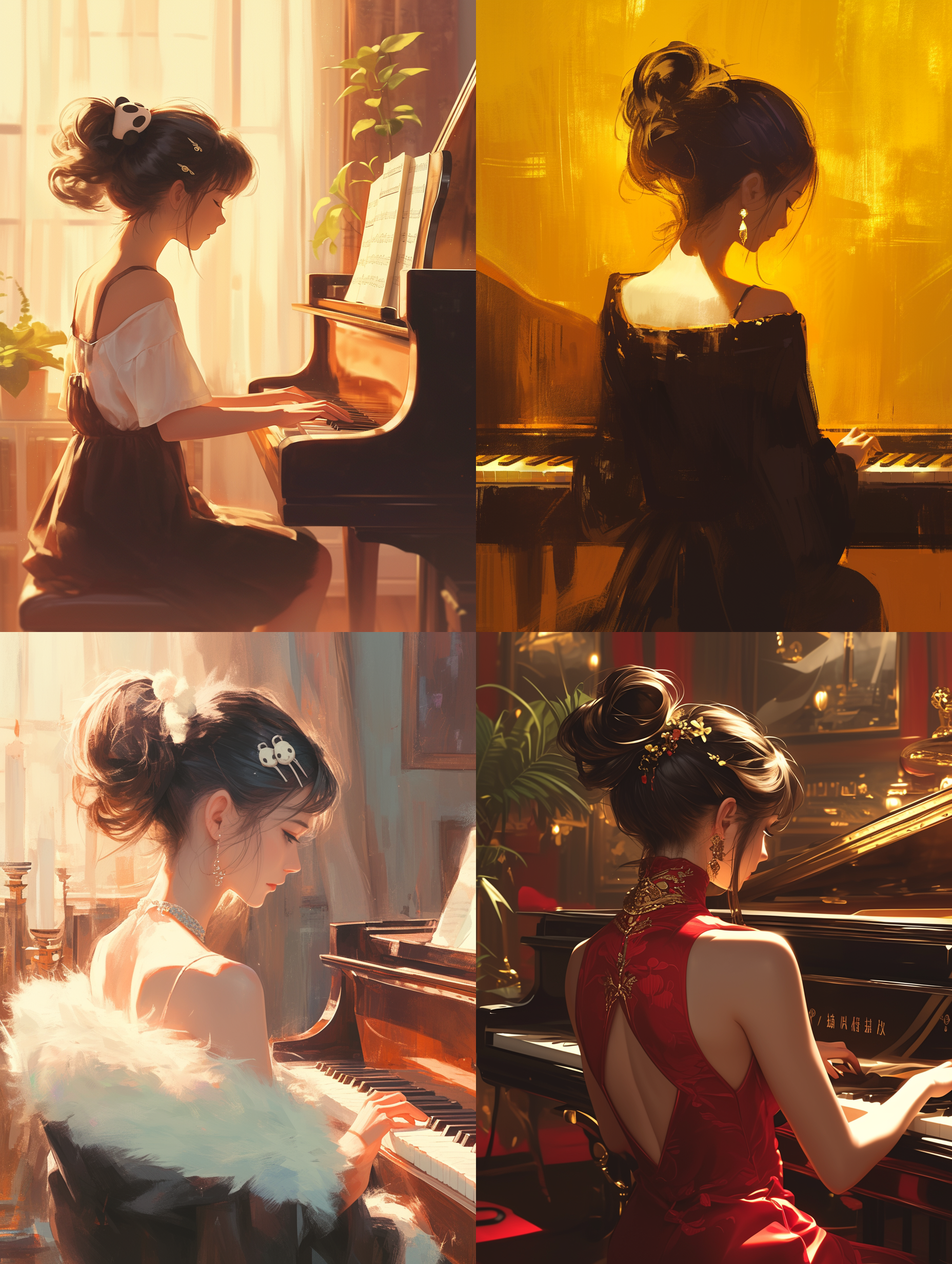 一位弹钢琴的优雅女孩背影，戴着熊猫发卡，高马尾发型，黑发，东亚女孩，忘我演奏，自信，心流时刻，室内光线，32k画质，中焦镜头，人像质感，漫画风格。