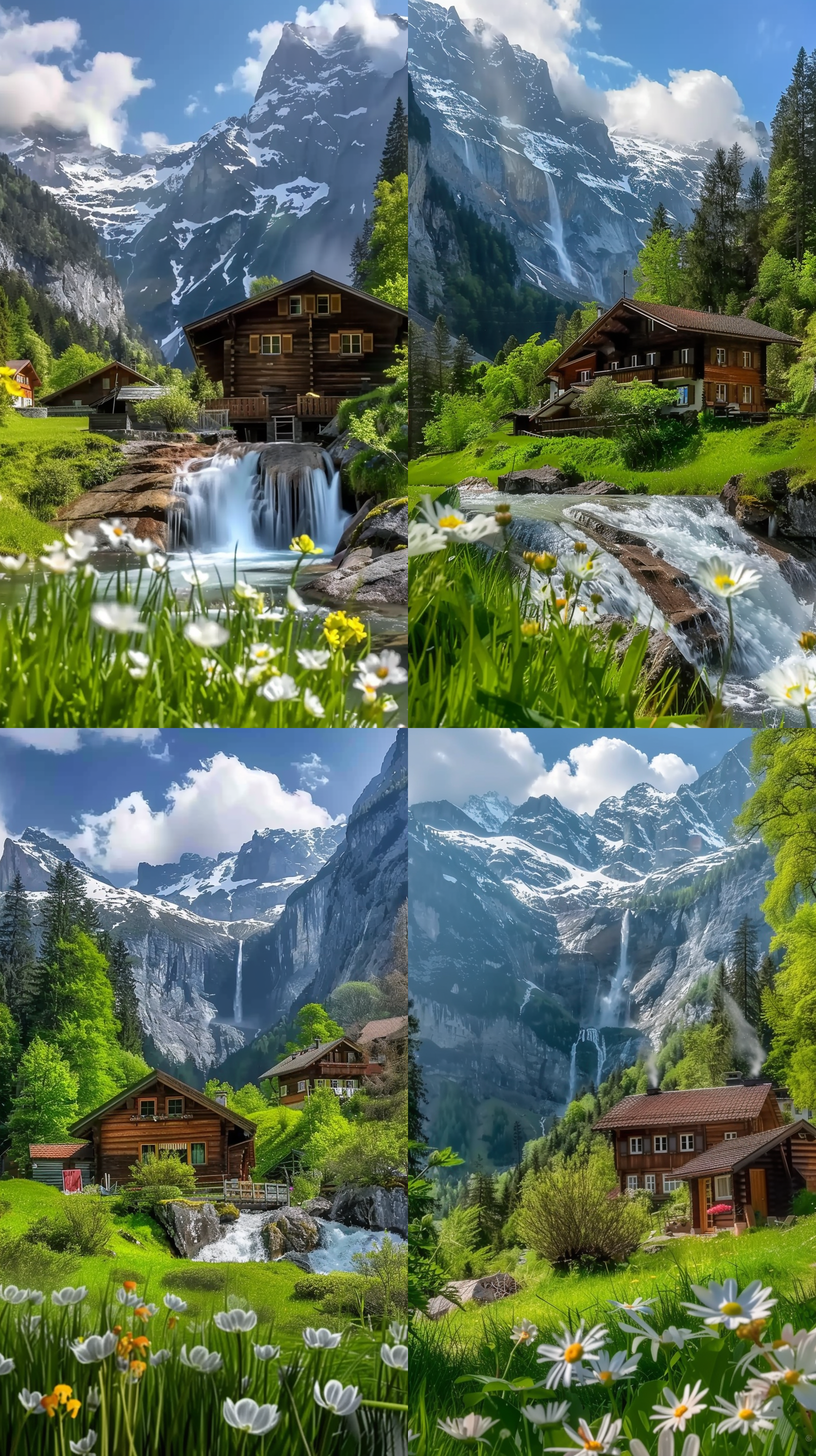 log cabin beneath the alps, beautiful waterfall, youtube video screenshot, by robert koehler, anime nature wallpap, sunlight and whimsical houses, blossoming path to heaven, swiss design, cottage hippie naturalist, 8 k time - lapse functions, sound of music, greenery