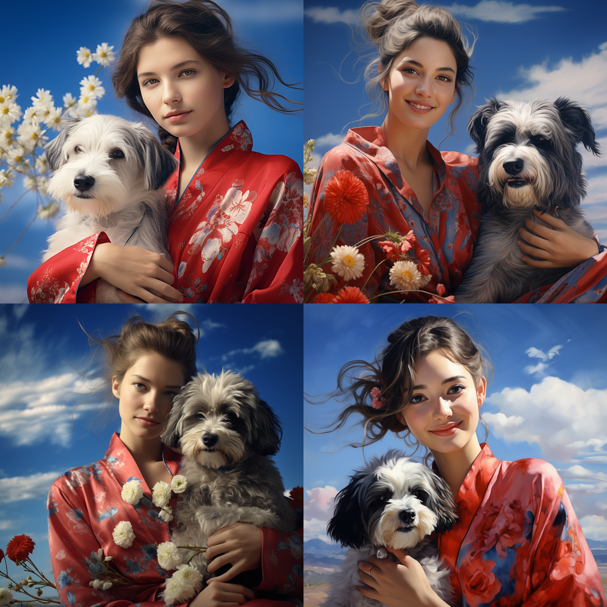 夏日穿蓝色和服的姑娘，红色腰封，表情预约，身边有鲜花，还有一只雪纳瑞，背景是蓝天白云，人像特写，自然光，柔和色调，浅景深，微笑，静态，和谐。