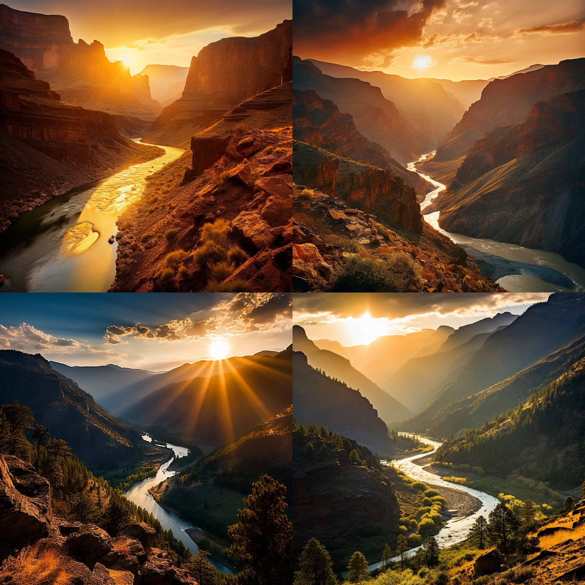 阳光洒在峡谷河流上，落日余晖映照高山，宽阔视野，自然风光，暖色调，长焦镜头，逆光，低角度，平静，壮丽，电脑壁纸，高兴。