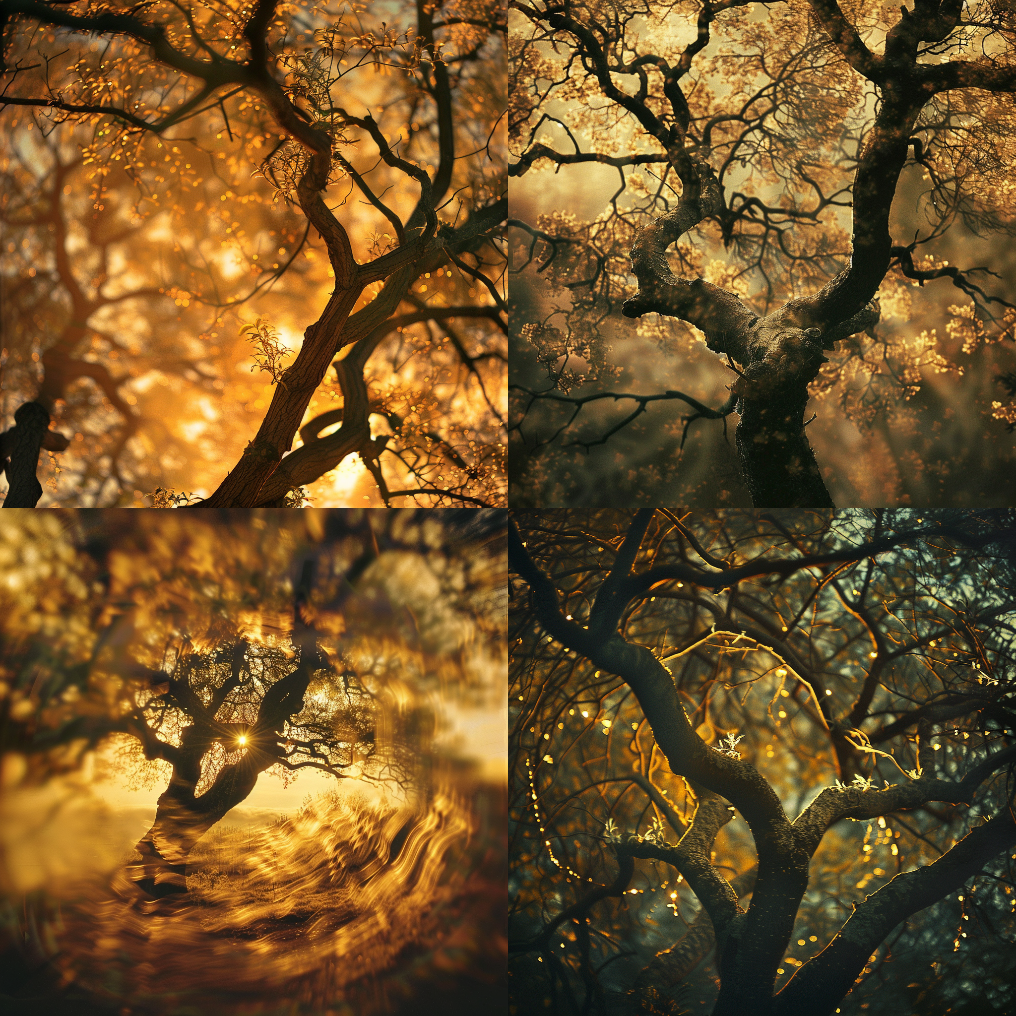 古树黄昏，枝叶繁茂，夕阳余晖洒落，金黄色调，长曝光，低角度拍摄，柔和侧光，宁静，岁月感，背景模糊，自然风光。