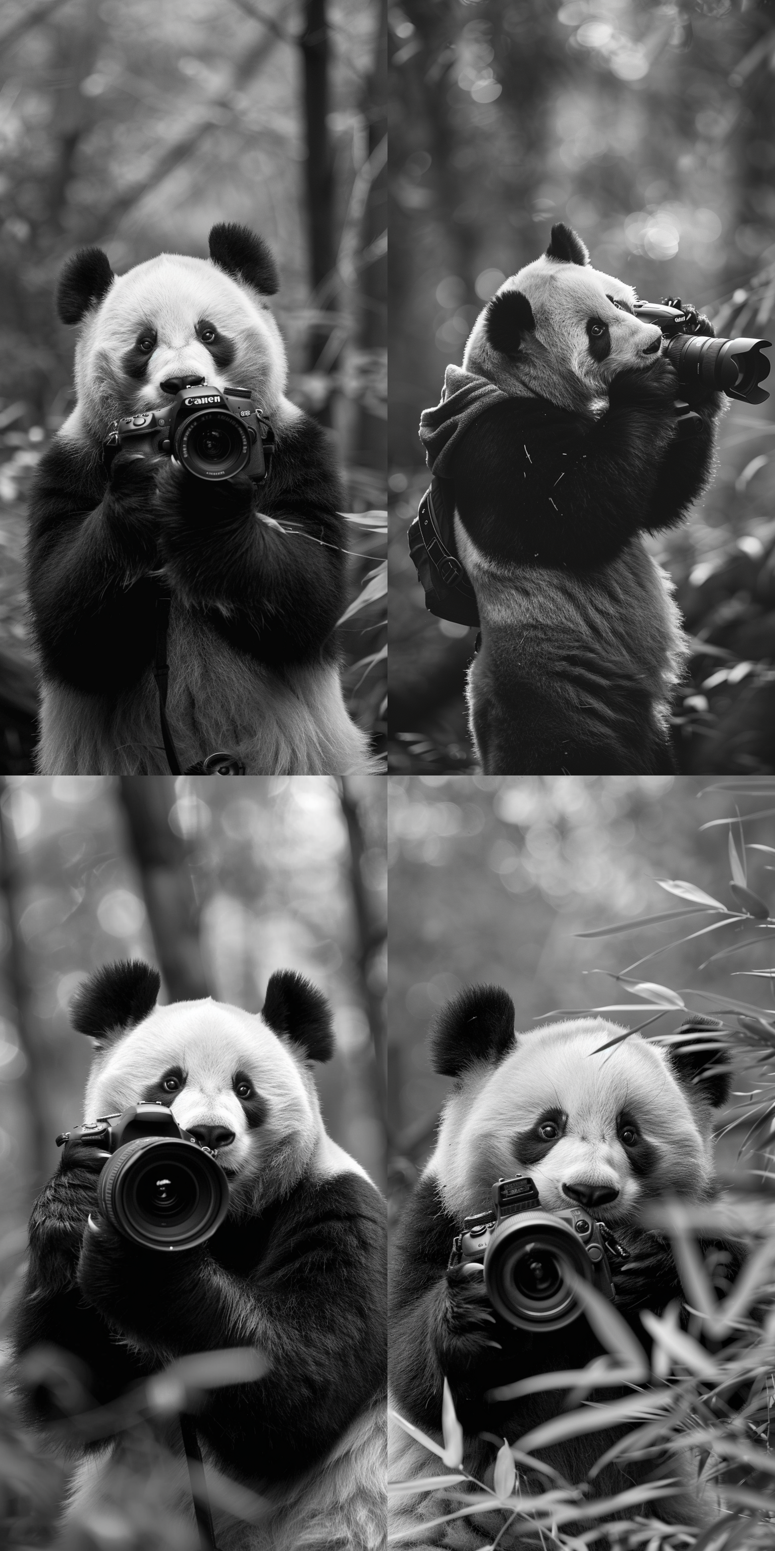 熊猫摄影师，自然保护区，黑白相间，专注表情，手持相机，长焦镜头，逆光，柔和光线，静谧氛围，专业姿态，自然色彩，和谐共生。