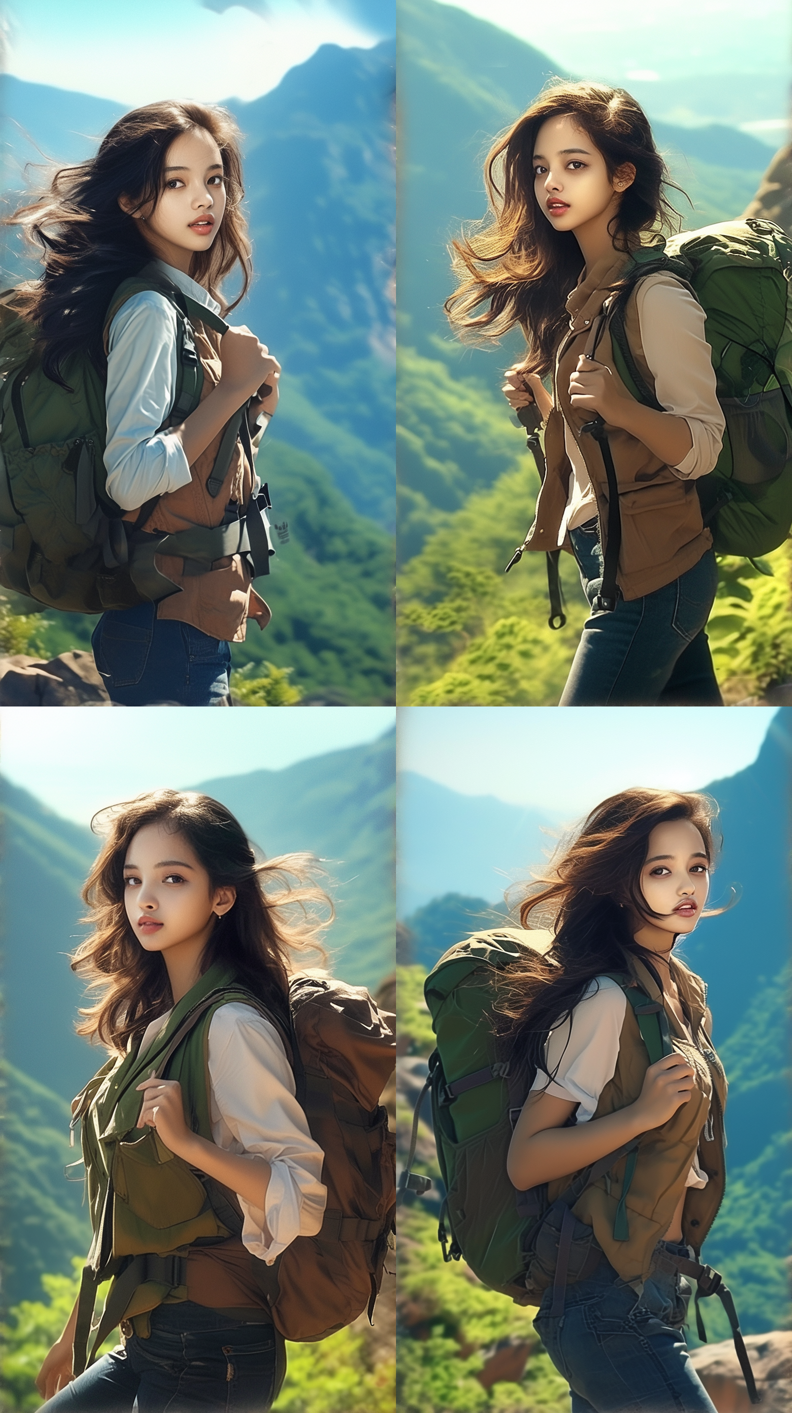 女孩登山，长发飘逸，牛仔马甲，牛仔裤，背包，高山背景，丛林环绕，自然光，长焦镜头，动态捕捉，冒险精神，绿色调，坚定表情。